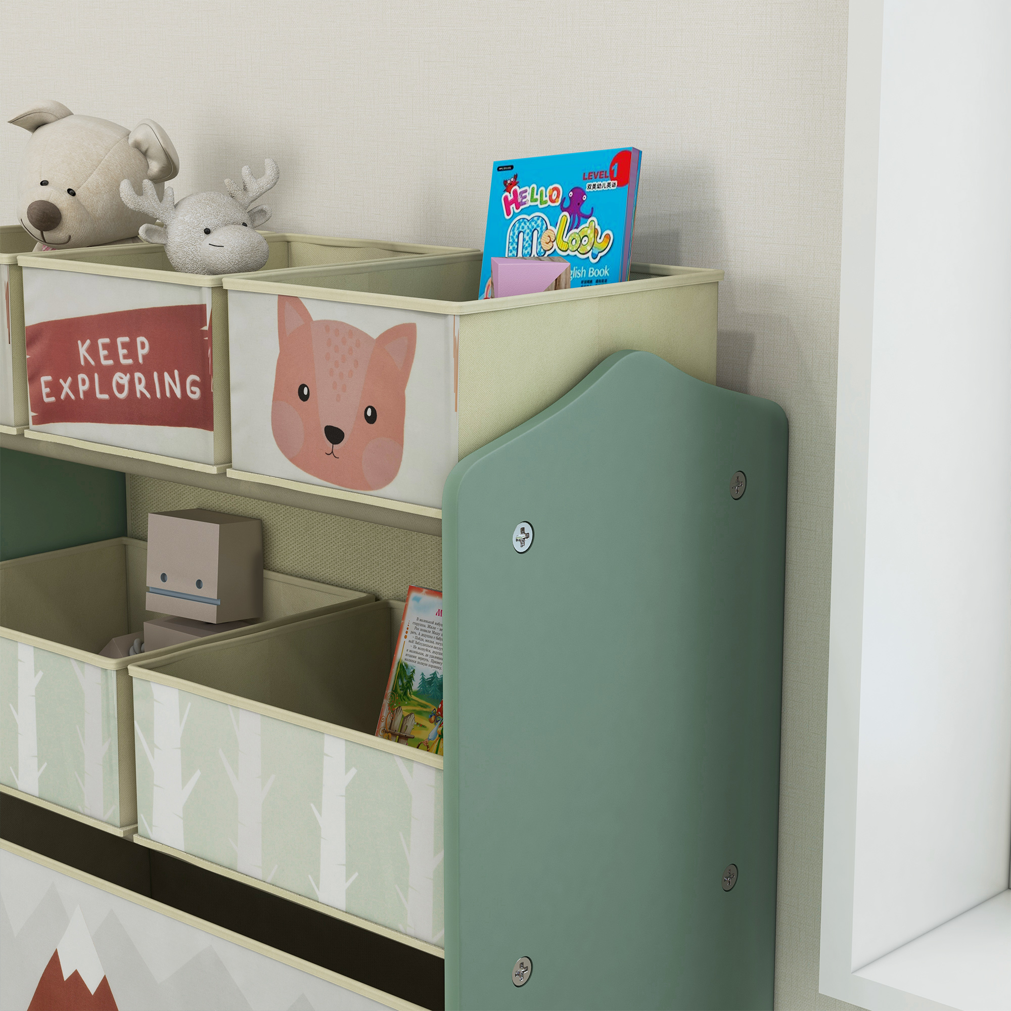 Kinderschrank mit 6 Stoffboxen, niedliches Motiv, 63x30x66 cm, Grün