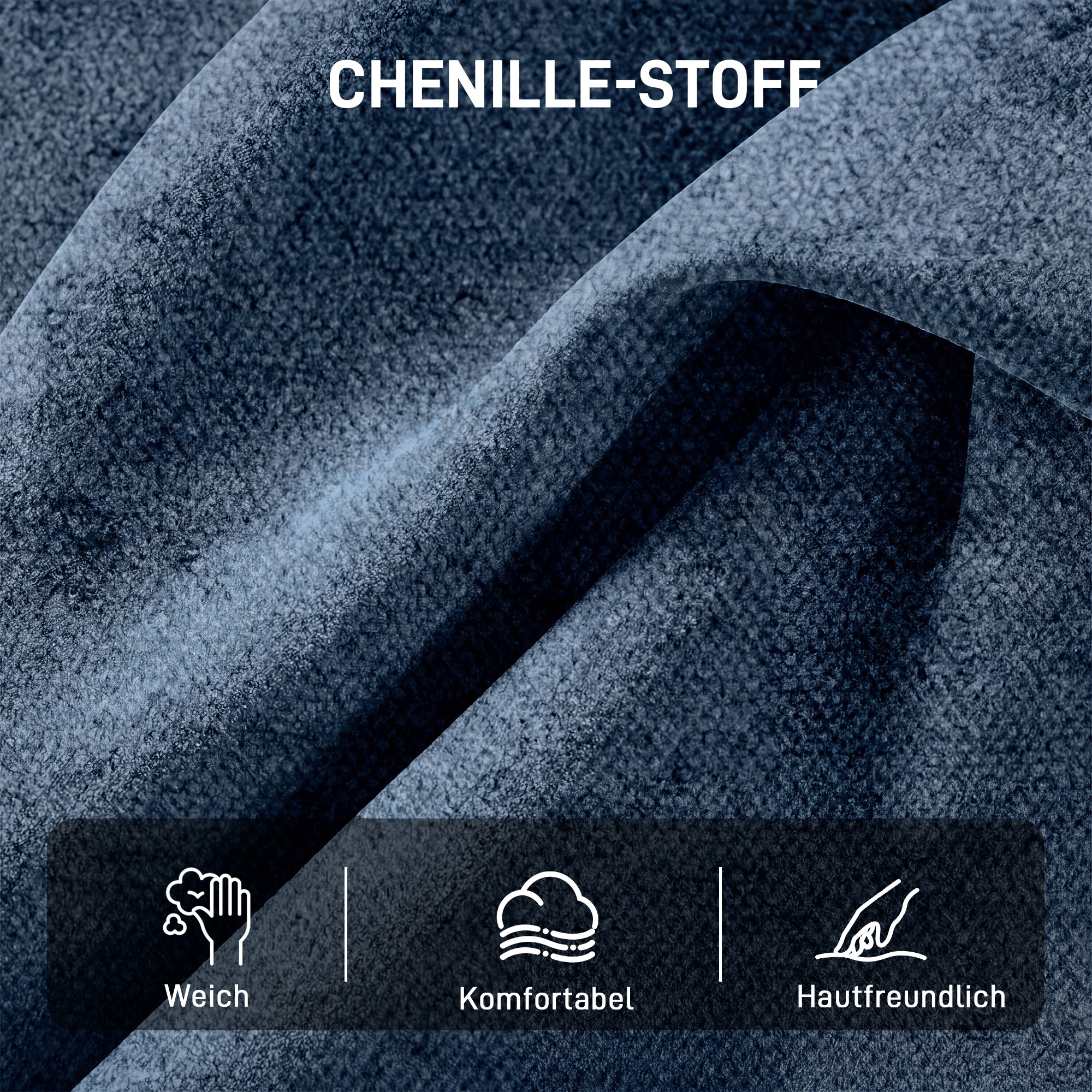 Drehbarer Akzentstuhl, gepolsterter Lesesessel mit Chenille, breitem Sitz, Federkissen und Metallbeinen, Dunkelblau