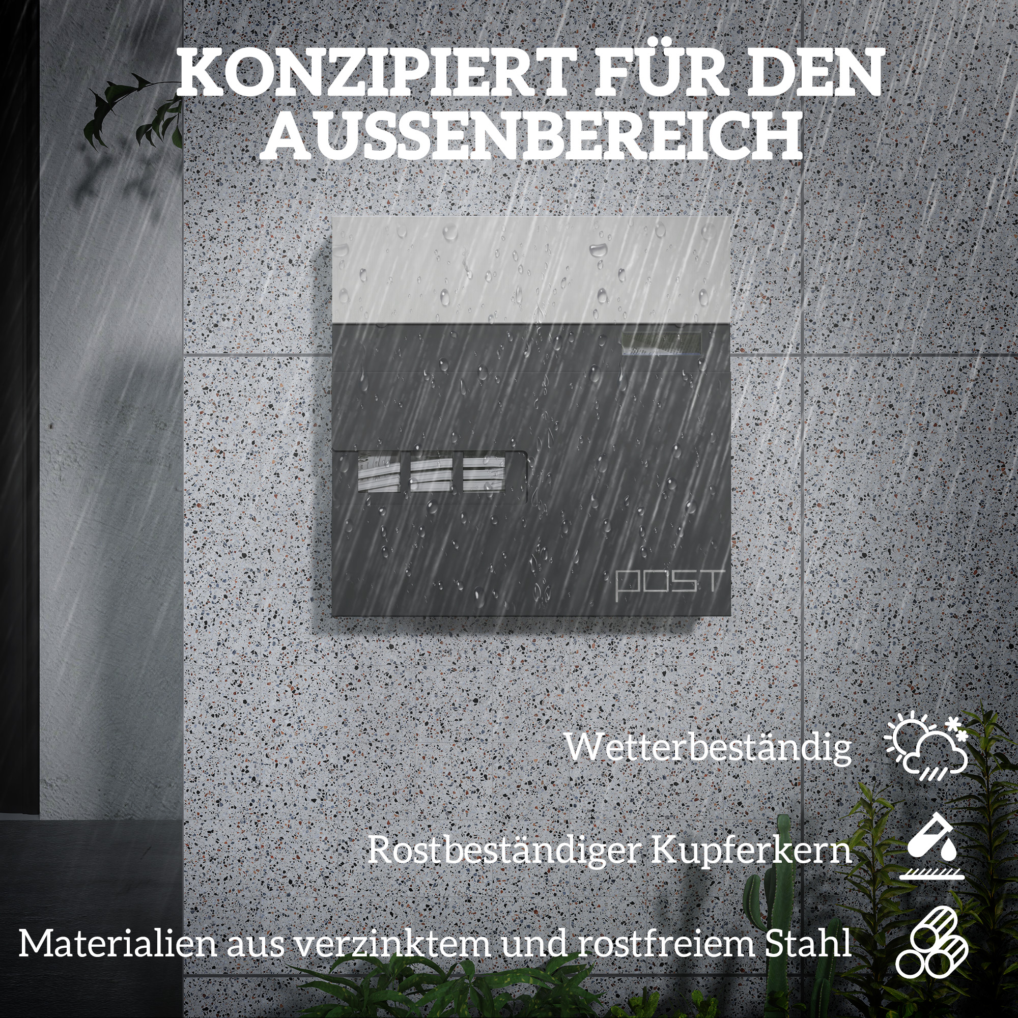 Briefkasten, Wandmontage, Abschließbar, Sichtfenster, Stahl, Grau