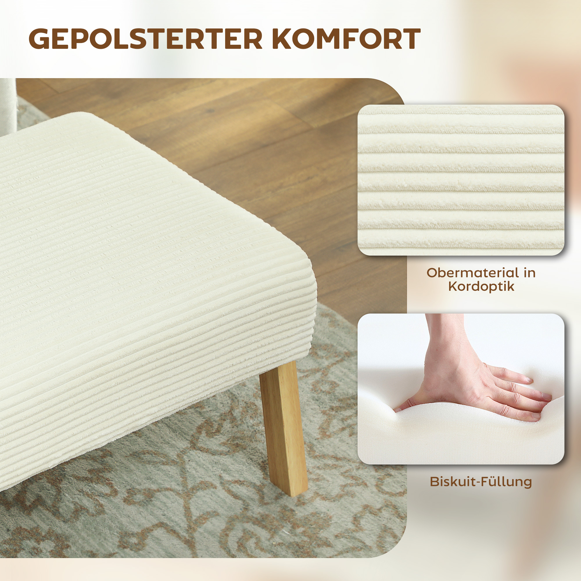 Sitzhocker Hocker mit weichem Sitzkissen Holzbeinen Fußhocker mit Cordoptik Cremeweiß