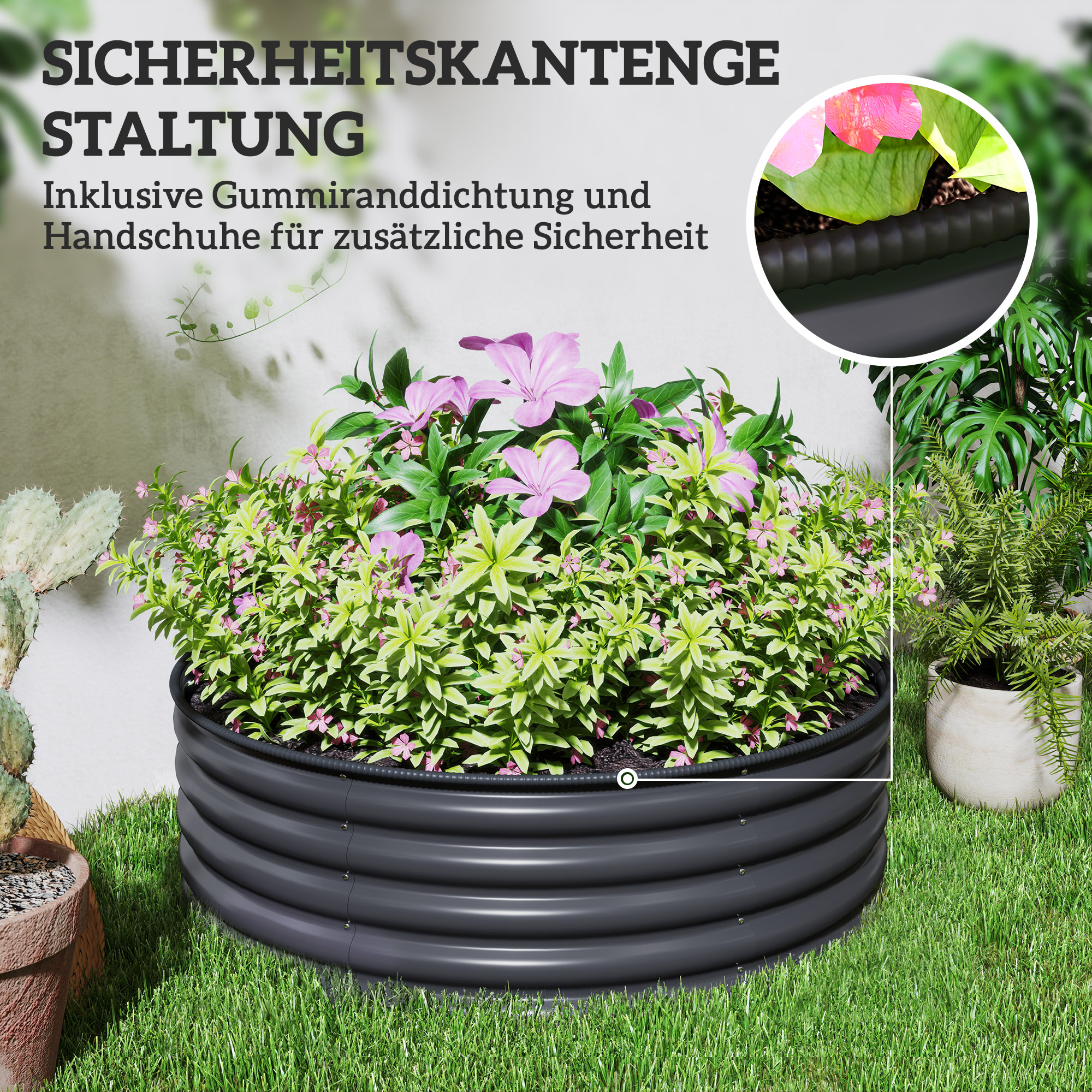 Hochbeet, Verzinkter Pflanzkübel mit Sicherheitsrand, Pflanzbox mit offenem Boden, 120 x 120 x 43 cm, Dunkelgrau