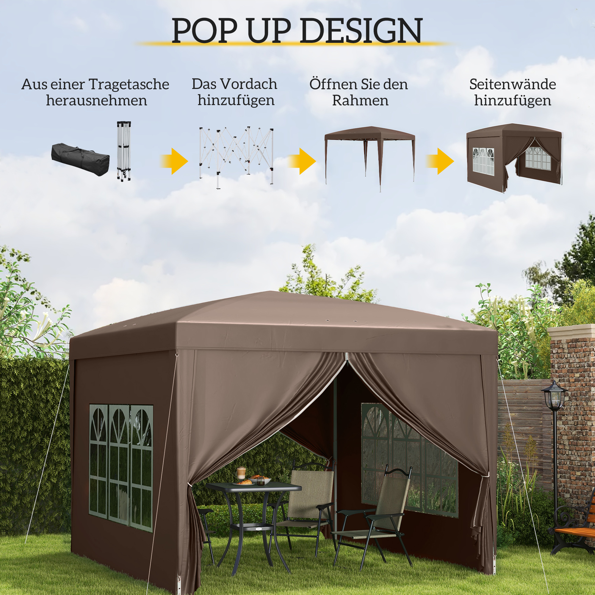 3 x 3 m Pavillon mit 4 Seitenwänden, Fenster, Festzelt mit UV-Schutz, Gartenzelt inkl, Tragetasche, Stahl, Kaffee