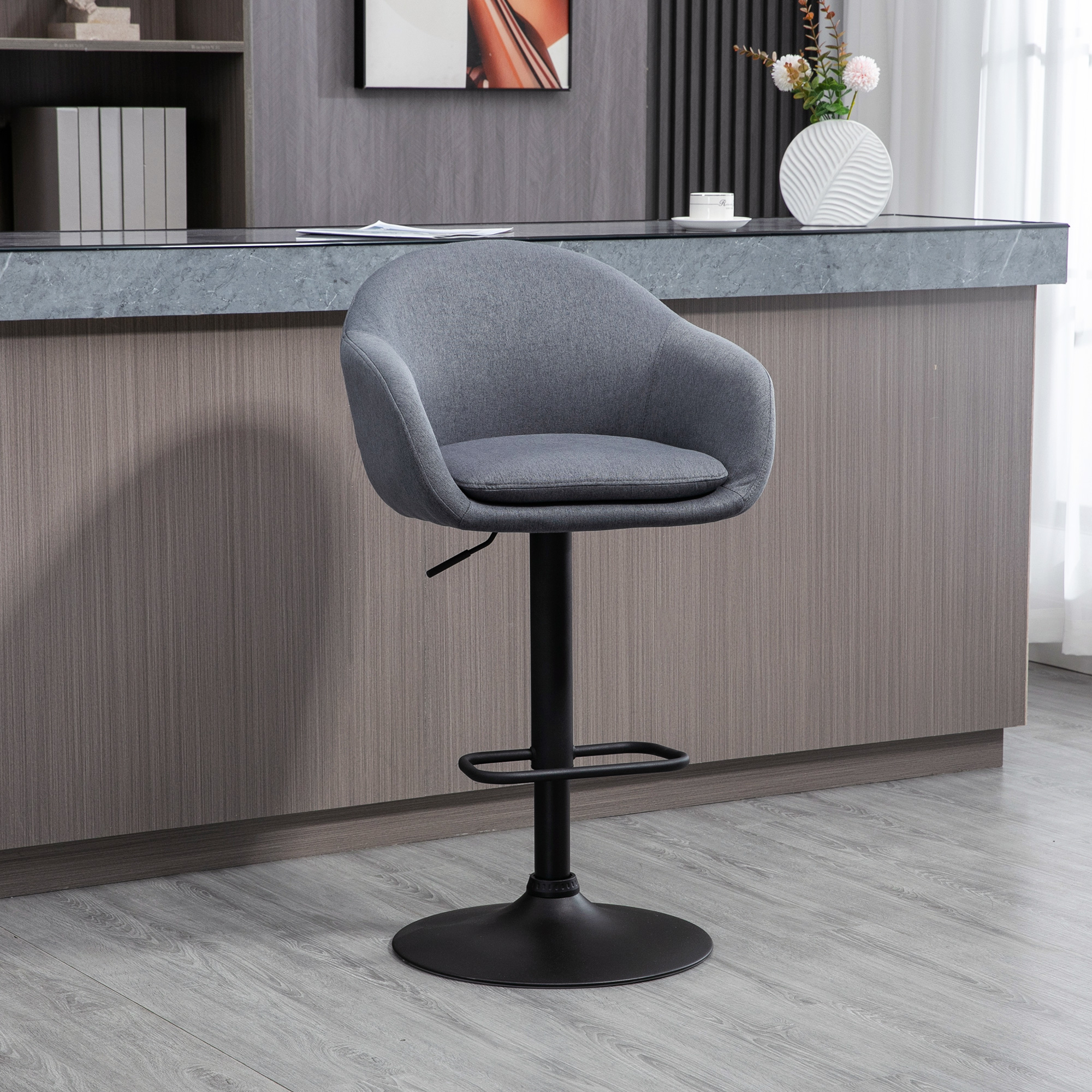 Barhocker höhenverstellbar mit Lehne und mit Fußstütze; Leinenoptik, 54 cm x 54 cm x 112 cm, Grau