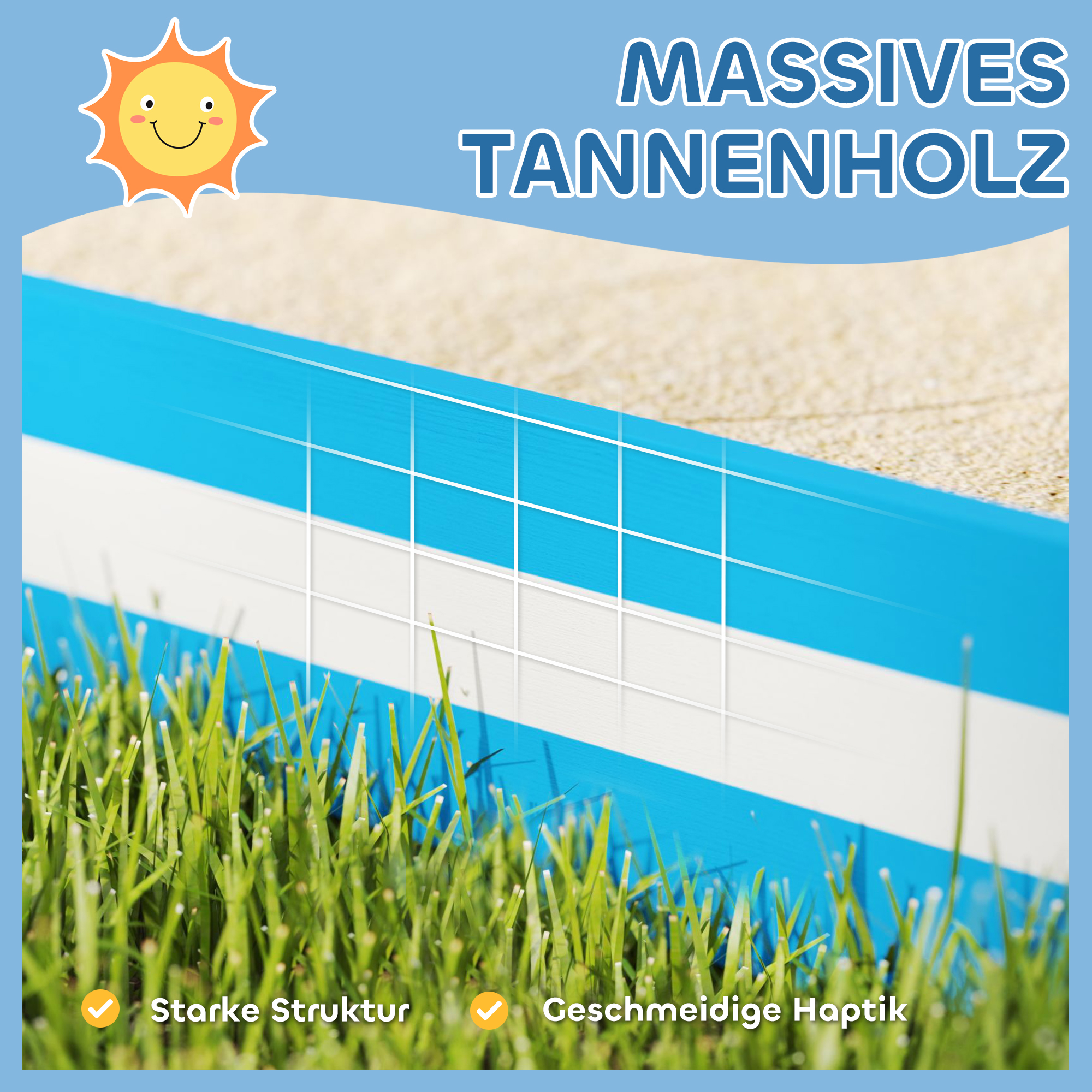 Sandkasten für Kinder, Sandkiste mit 4 Sitzen, Fichtenholz, bodenlos, Blau