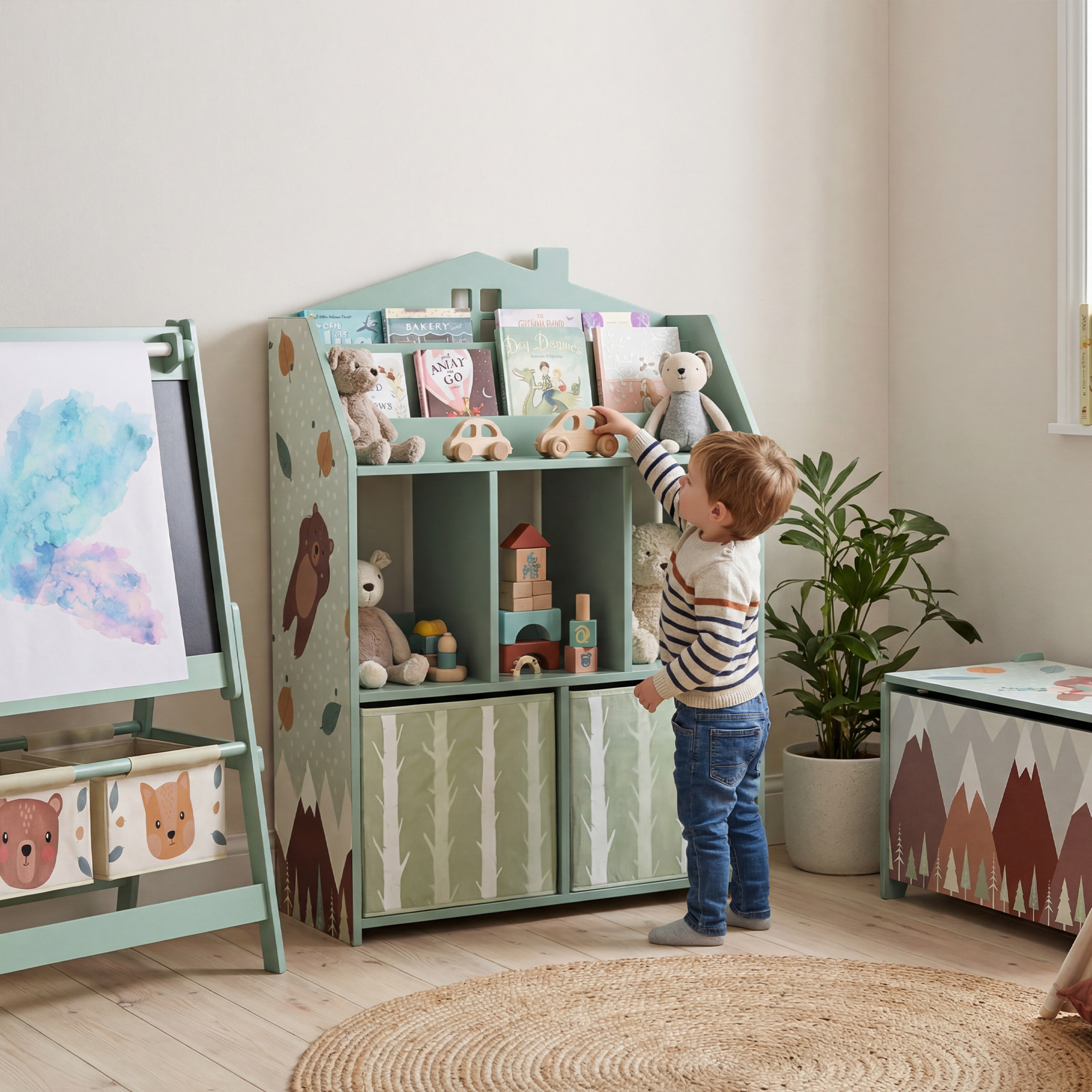 Kinderregal Bücherregal Kinder mit 2 Stoffschubladen offen Regal für 3-8 Jahre 62,5x30x91,5 cm Grün