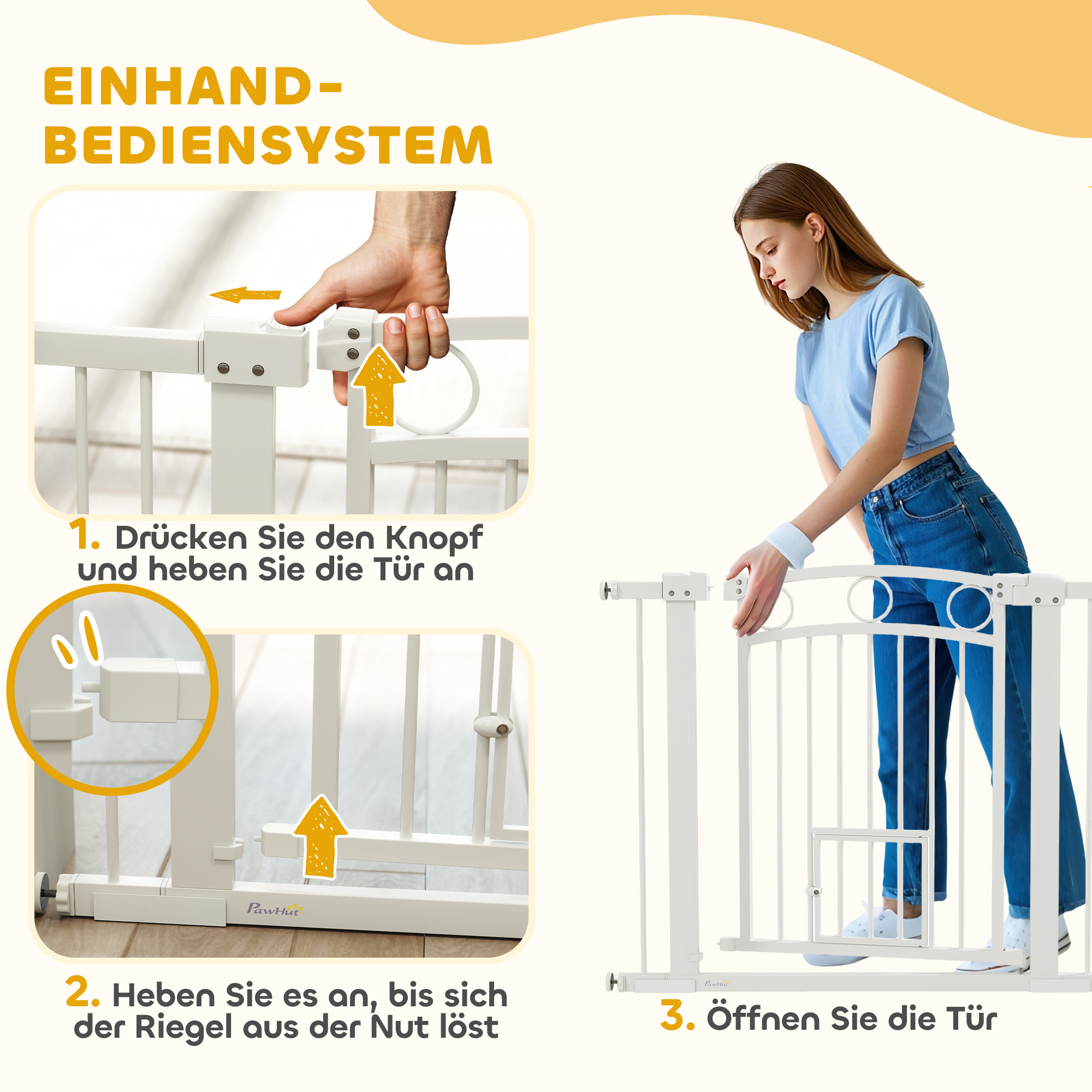 Haustiertor, 77 cm Treppengatter, verstellbare Breite 76-104 cm, mit Katzentür, für Treppen und Türöffnungen, Weiß