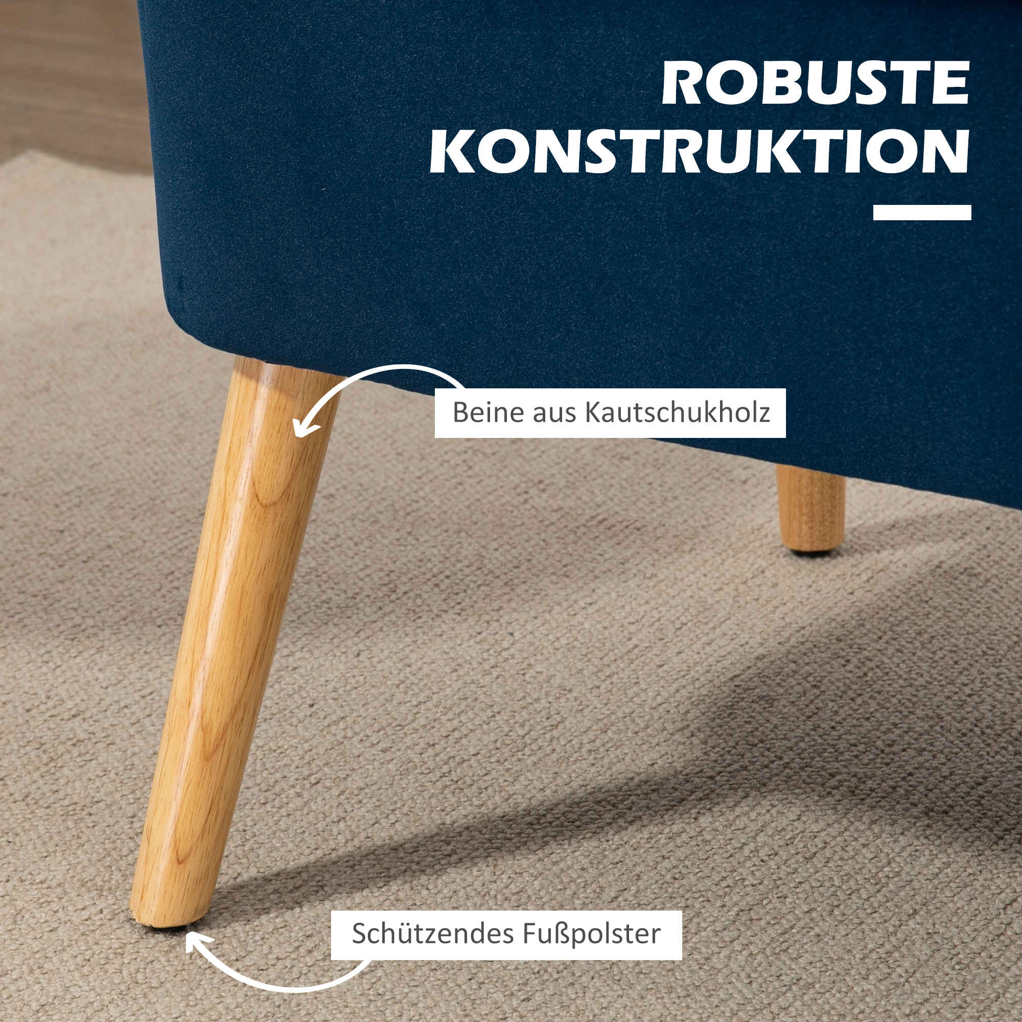 Sofa Retrodesign 2-Sitzer-Sofa, Holzbeine, 117 cm x 56,5 cm x 77 cm, Blau