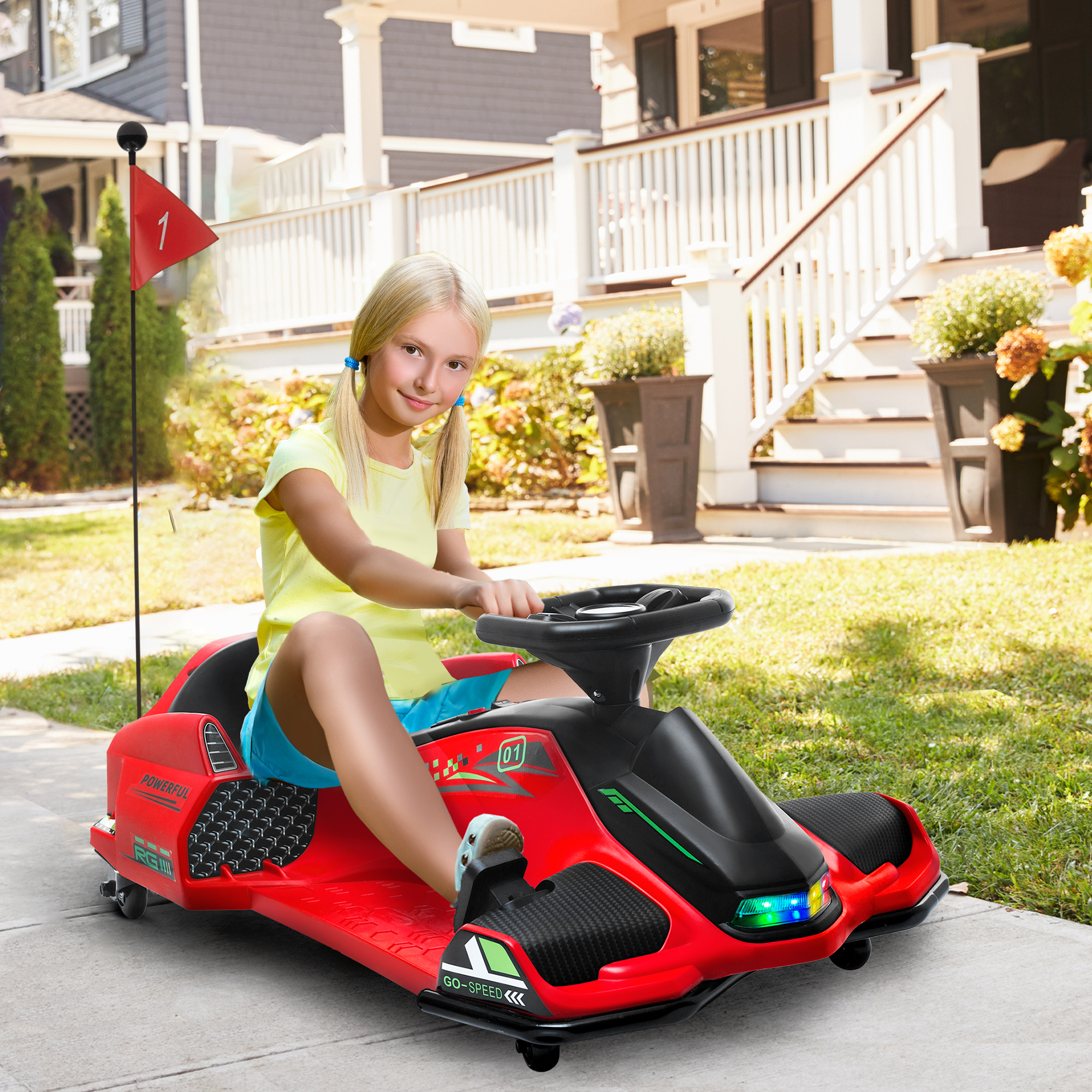 Elektrisches Go-Kart für Kinder, Gummiräder, 3-8 km/h, mit Lichtern und Musikfunktion, Rot