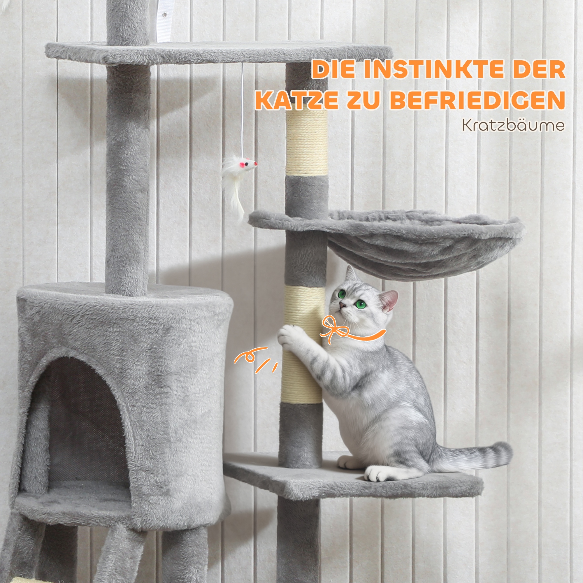 Kratzbaum Katzenbaum mit Höhle, 4 Spielzeuge, Sisalstämme, große Plattform, Treppe, für Katzen unter 5 kg, Grau