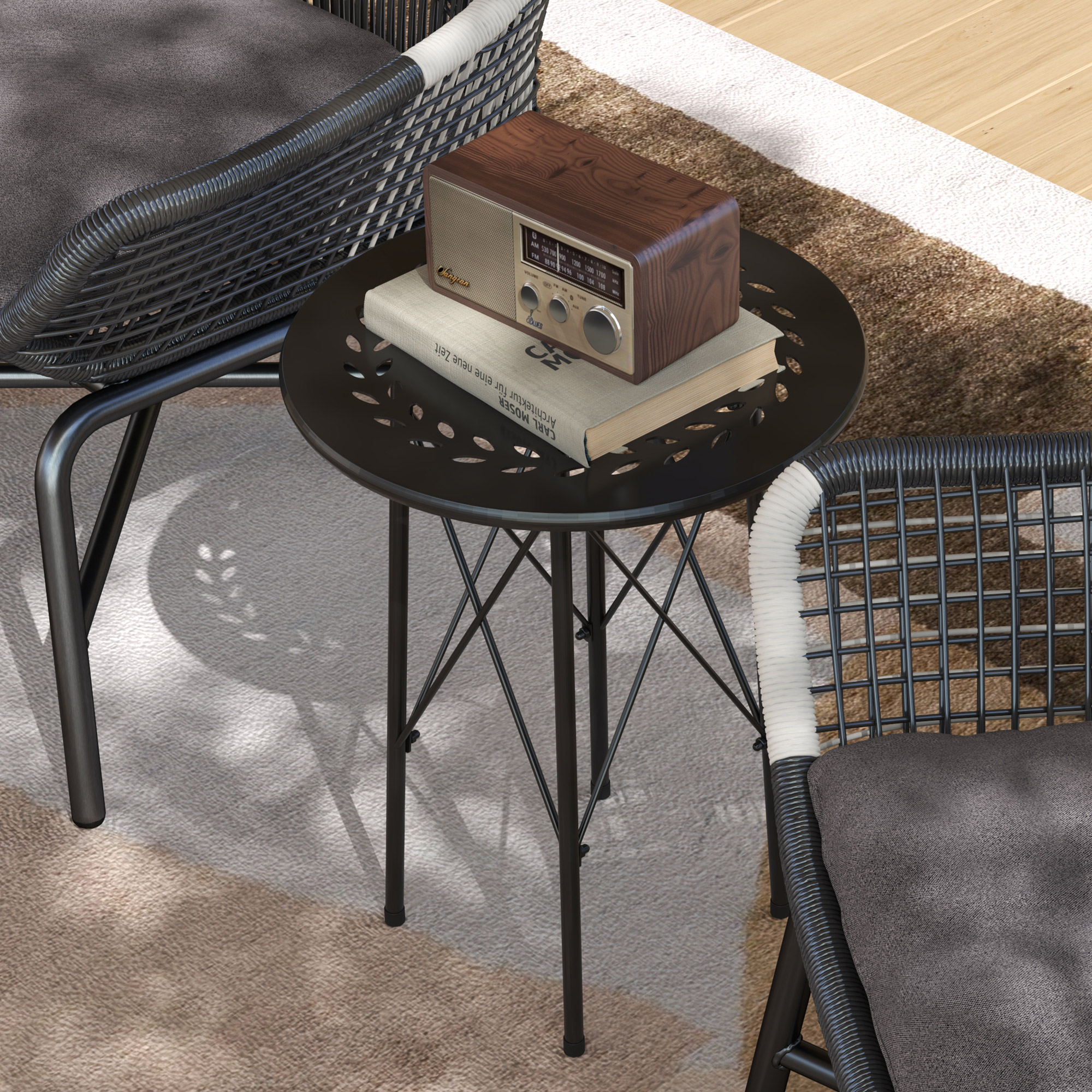 Gartentisch, runder Terrassentisch mit Blumenmuster, Stahl, Bistrotisch für drinnen und draußen, Schwarz