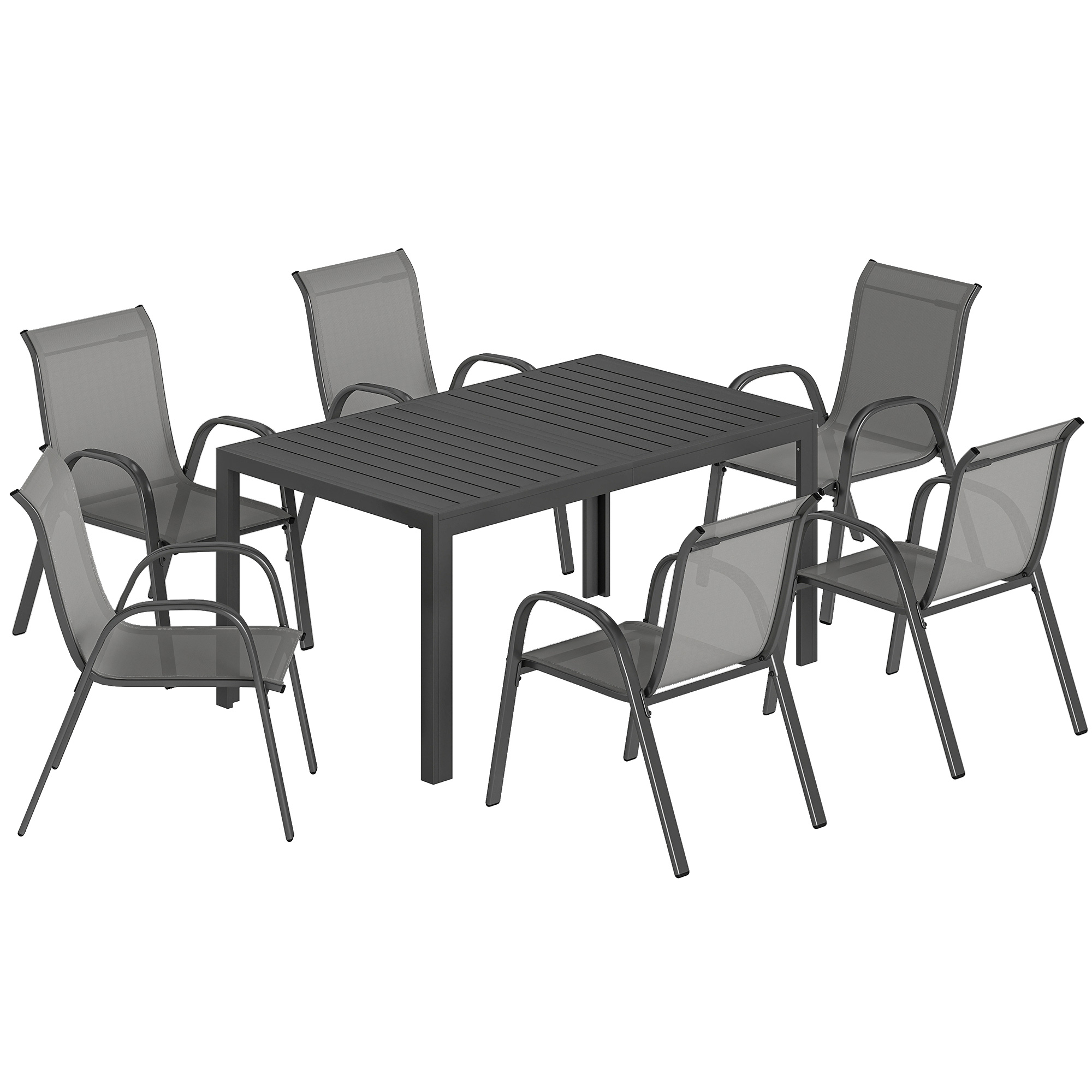 Gartenmöbel Set Sitzgruppe 7-teilig Tisch mit 6 Atmungsaktiven Stapelstühlen Lamelldesign Hellgrau