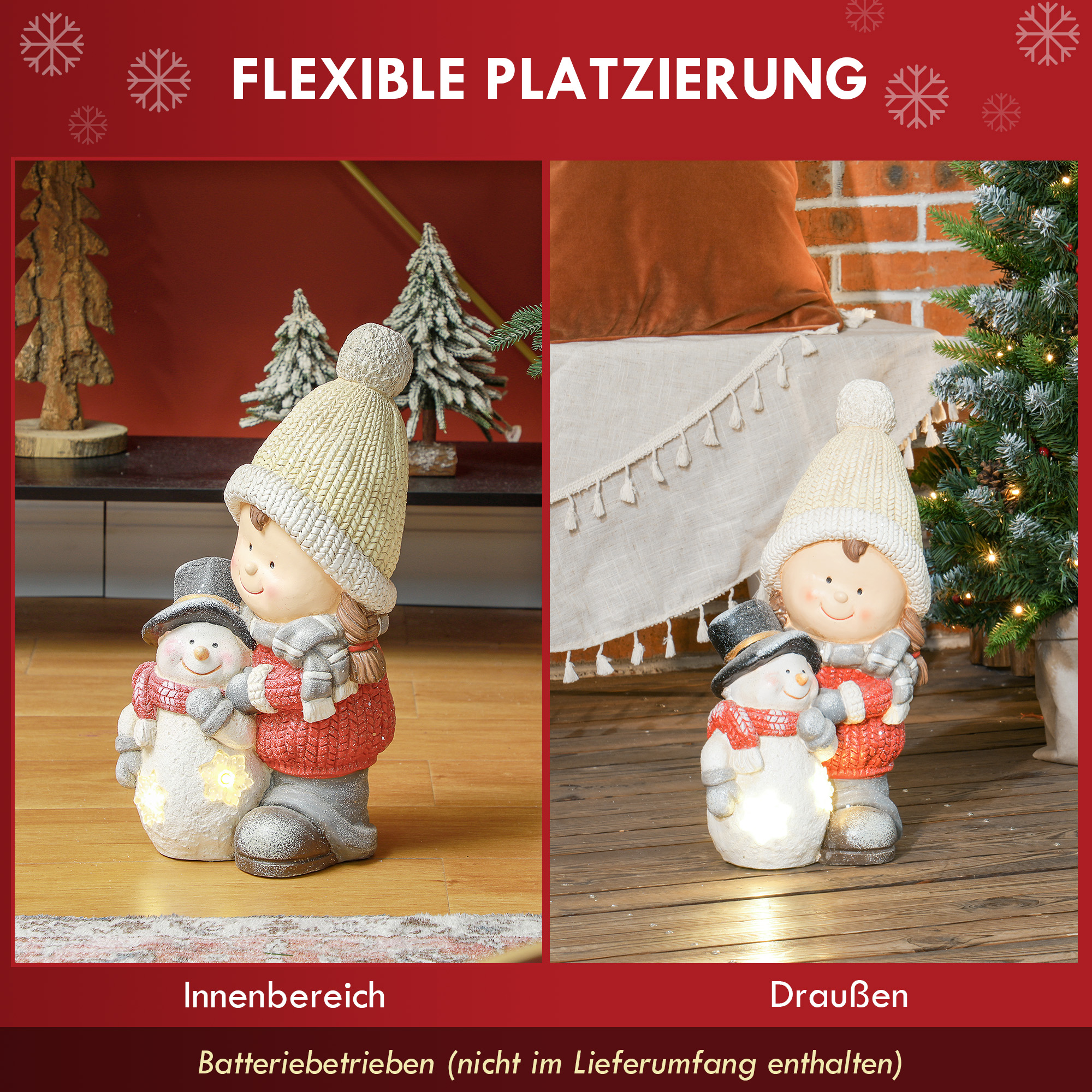 Wichtel mit Schneemann, Gartenzwerg, 4 LEDs, batteriebetrieben, 25 x 18 x 45,5 cm