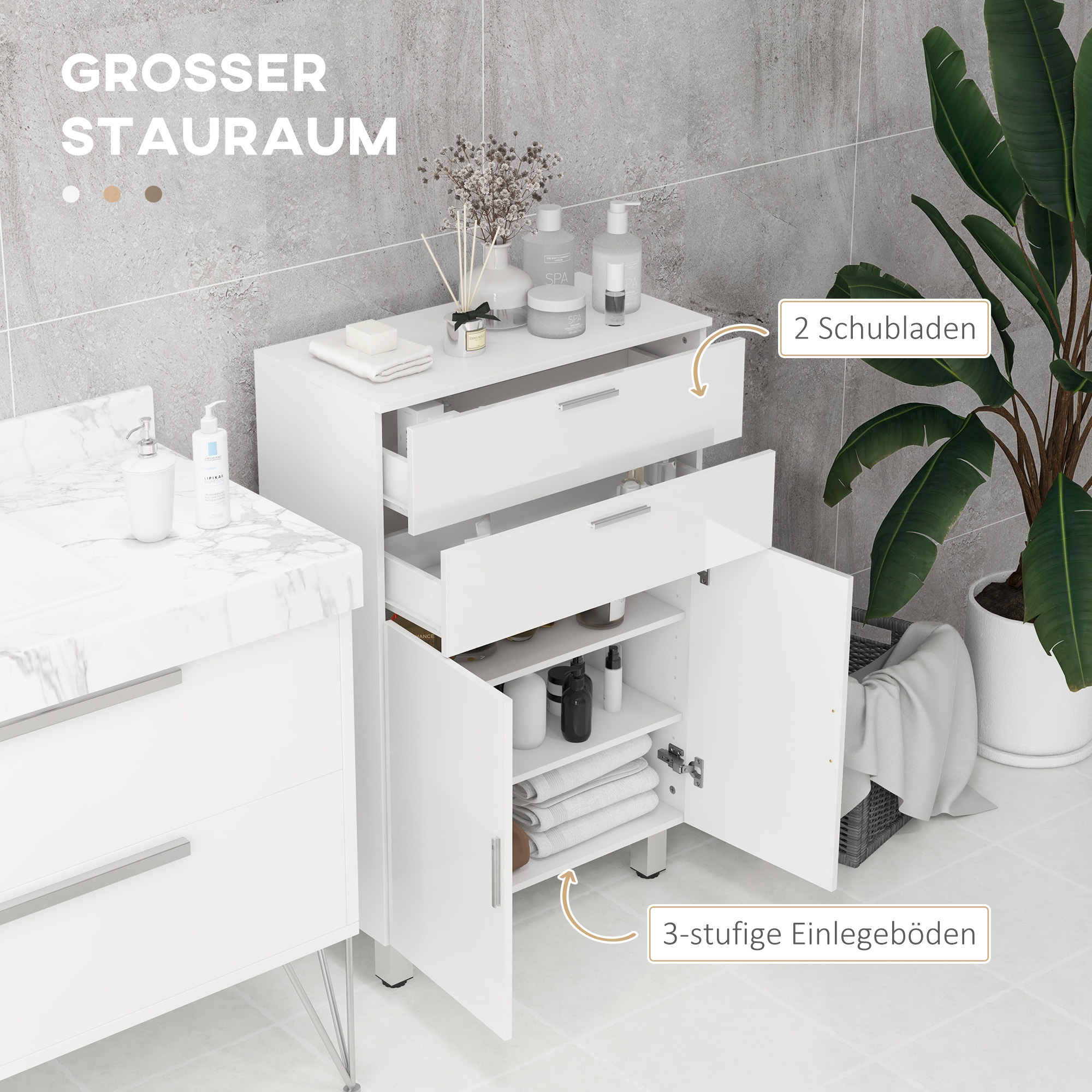 Badezimmerschrank, Badkommode, 2 Schubladen, verstellbares Regal, Holz, Weiß