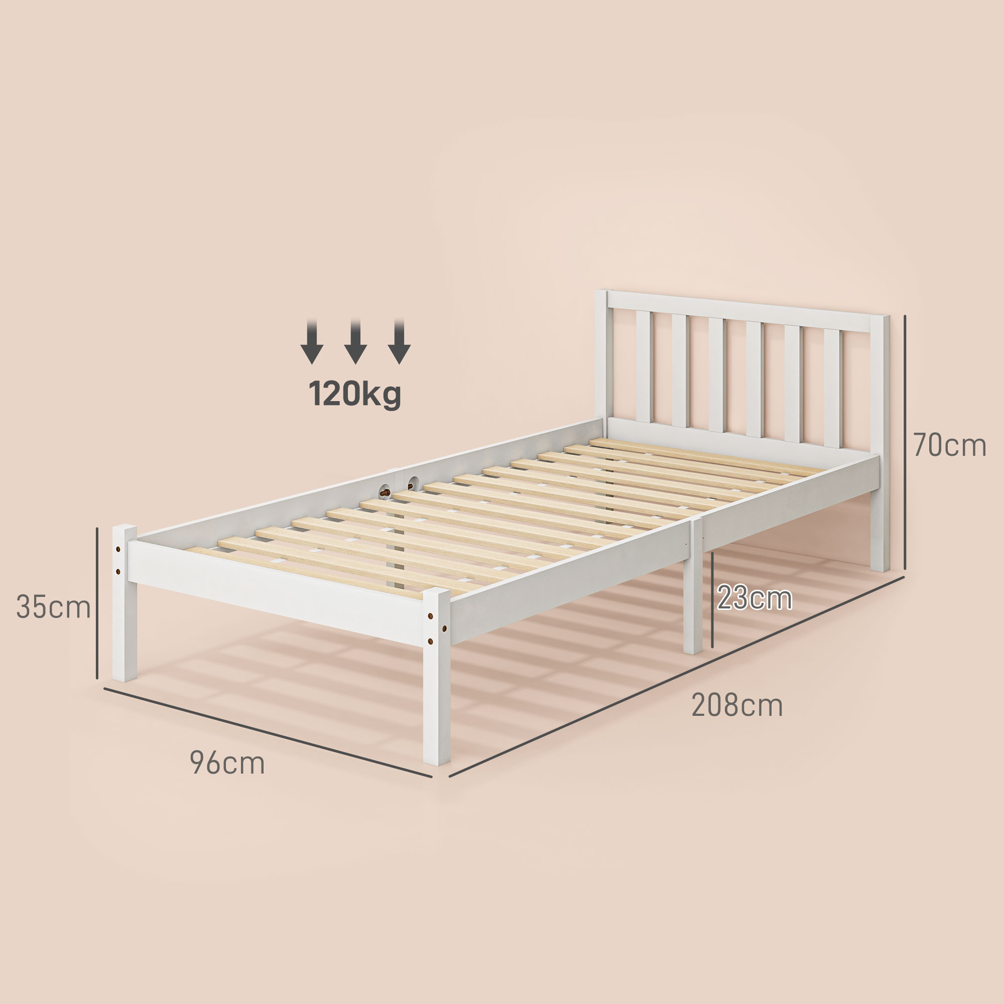 Einzelbettgestell, Kopfteil & Lattenrost, 26cm Freiraum unter Bett, Kiefernholz, 208x96x70 cm, Weiß