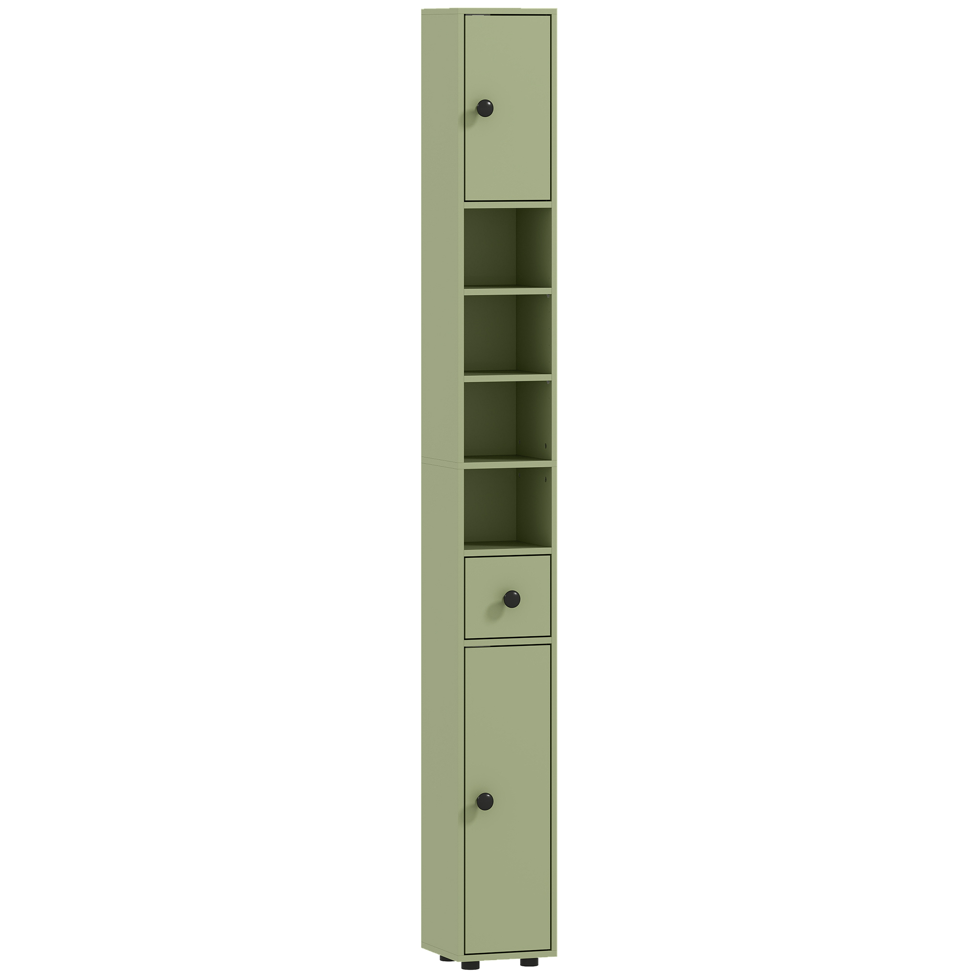 Badezimmerschrank schmal mit Schublade und 4 offenen Fächern für kleine Räume 20 x 20 x 180 cm Grün