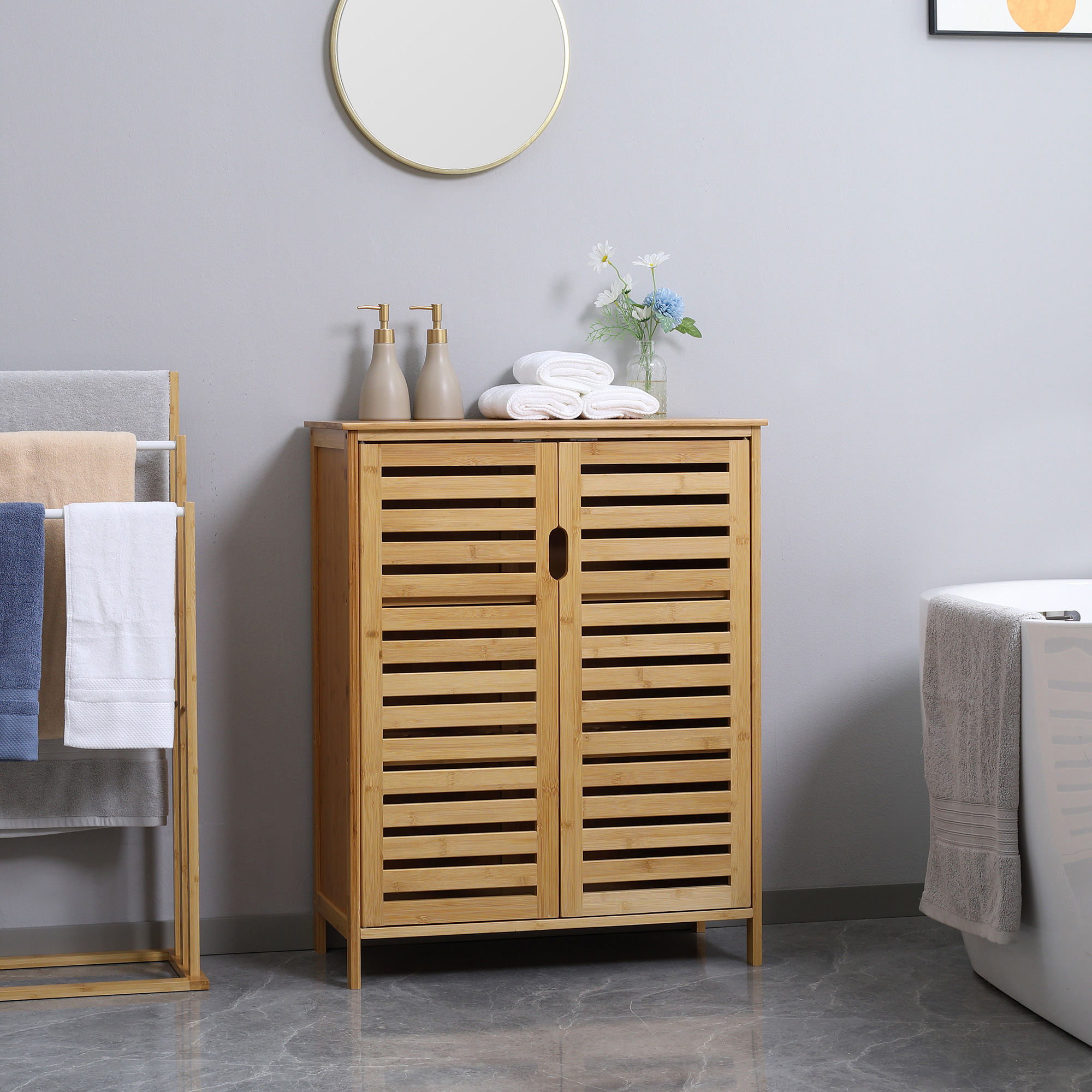 Badezimmerschrank, Bambusschrank mit Lamellendesign für Badezimmer, Flur, kompakte Größe, viel Stauraum, Naturholz