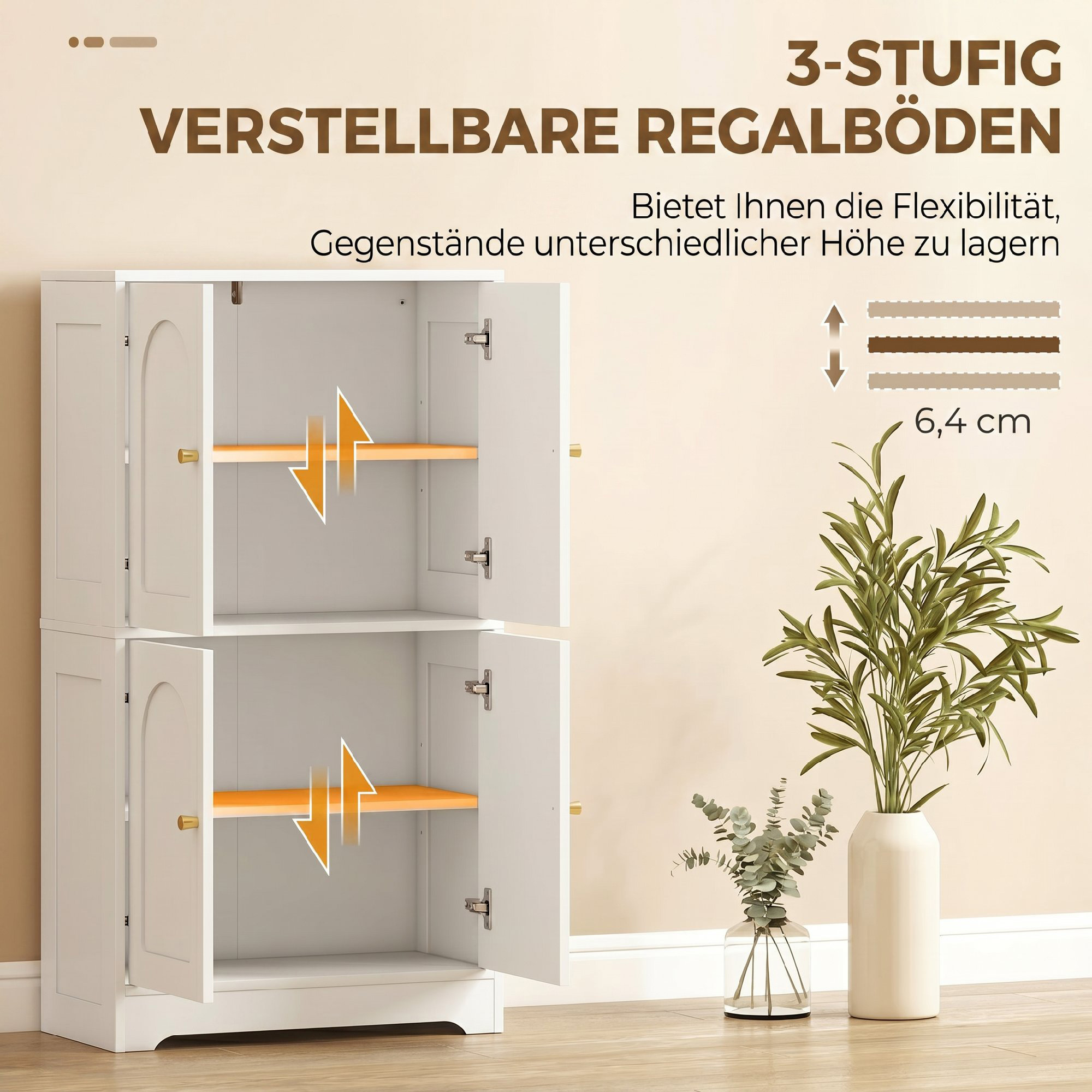 Küchenschrank, Hochschrank mit 2 verstellbaren Regalböden, Küchenbuffet mit 4 gewölbten Türen 60 x 30 x 110 cm, Weiß