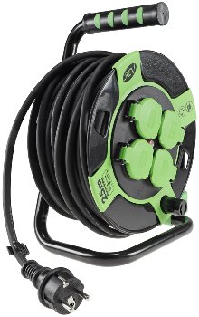Kunststoff-Kabeltrommel, 25m Kabel, IP44 - H05RR-F 3G1,5mm², schwarze Gummileitung Kunststoff-Kabeltrommel, 25m Kabel, IP44 - H05RR-F 3G1,5mm², schwarze Gummileitung