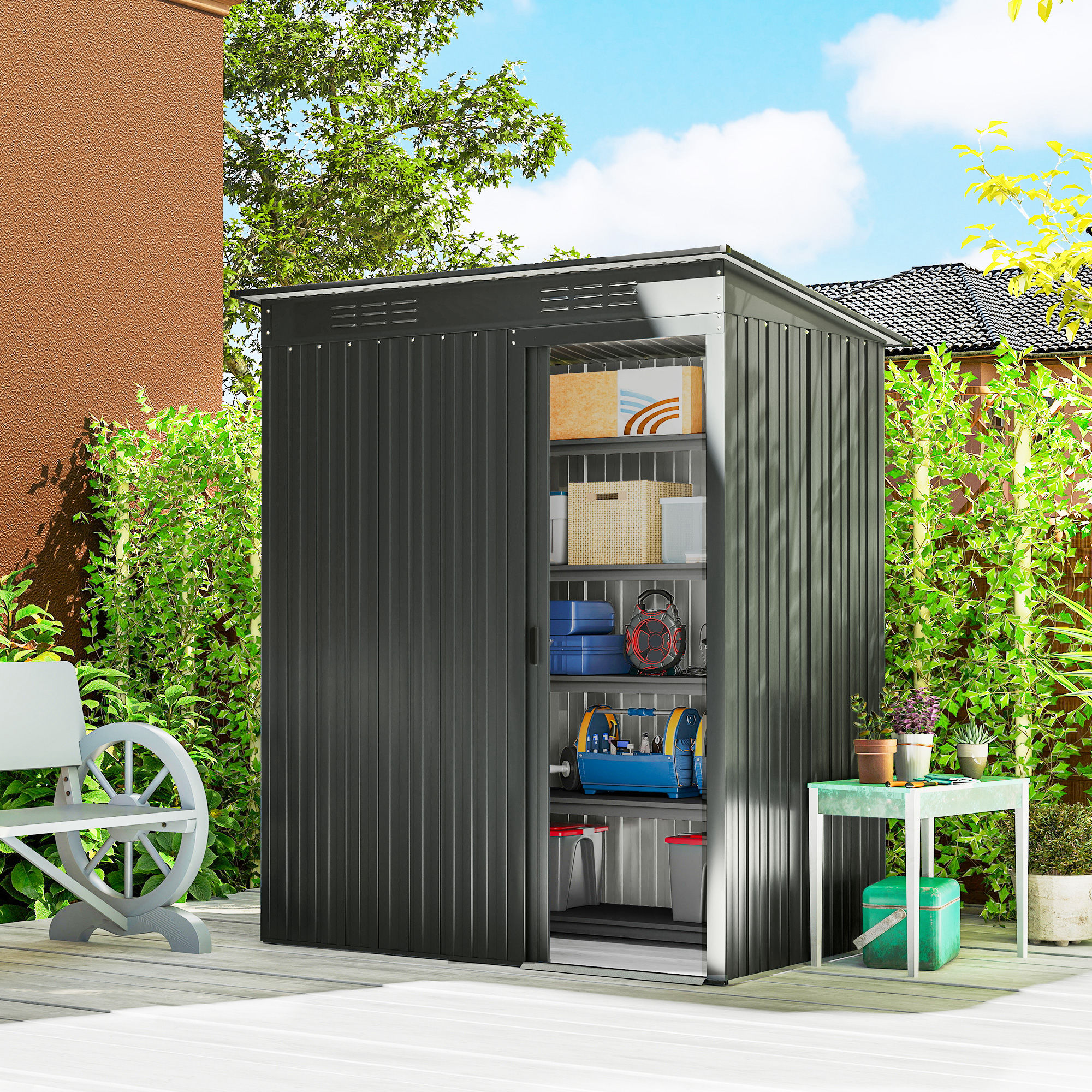 Metall Gerätehaus 1,37 m², Geräteschuppen mit müheloser Montage Pultdach Schiebetür Lüftungen Handschuhen