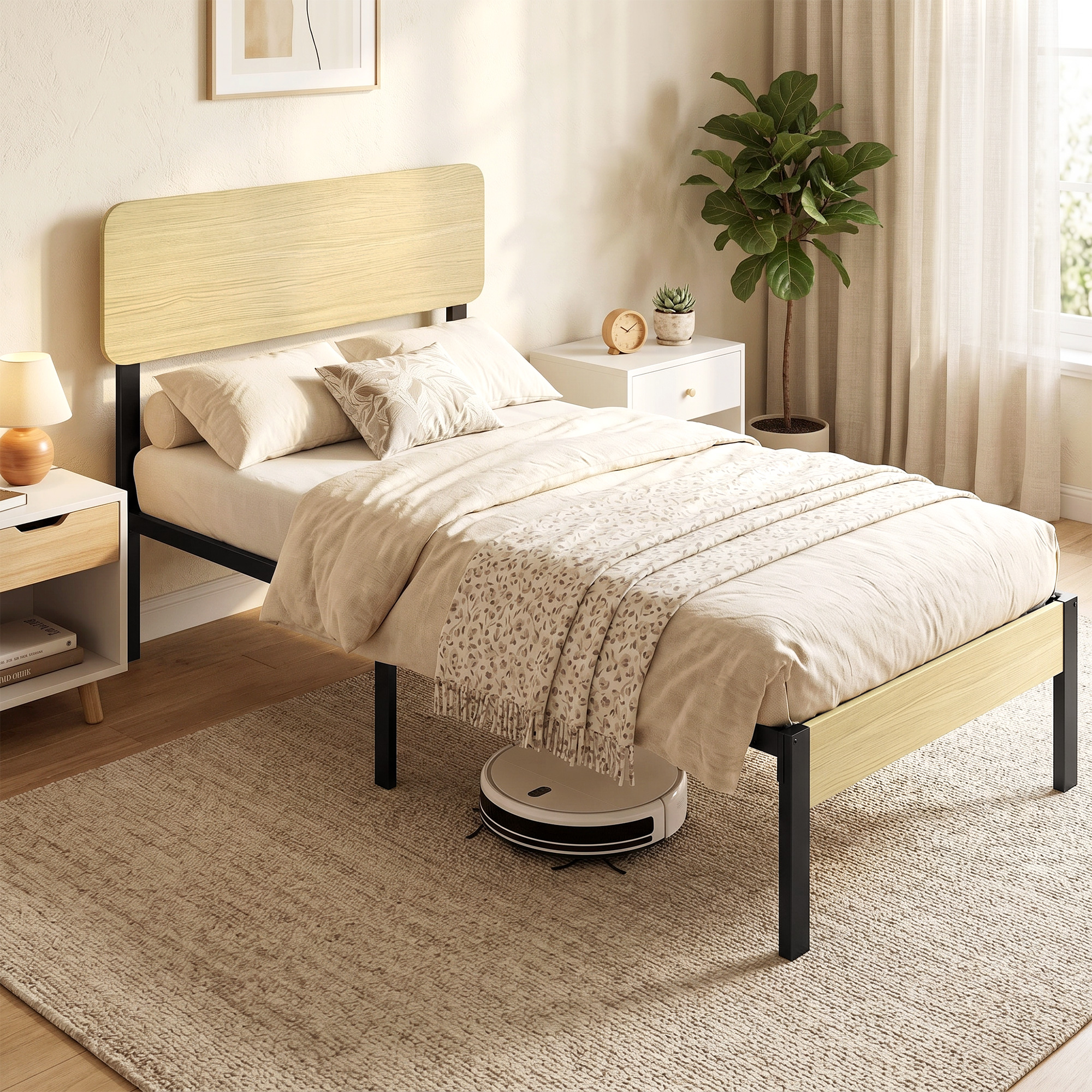 Bettgestell 90 x 200 cm mit Kopfteil, Plattformbett, Einzelbett mit Stauraum unter dem Bett