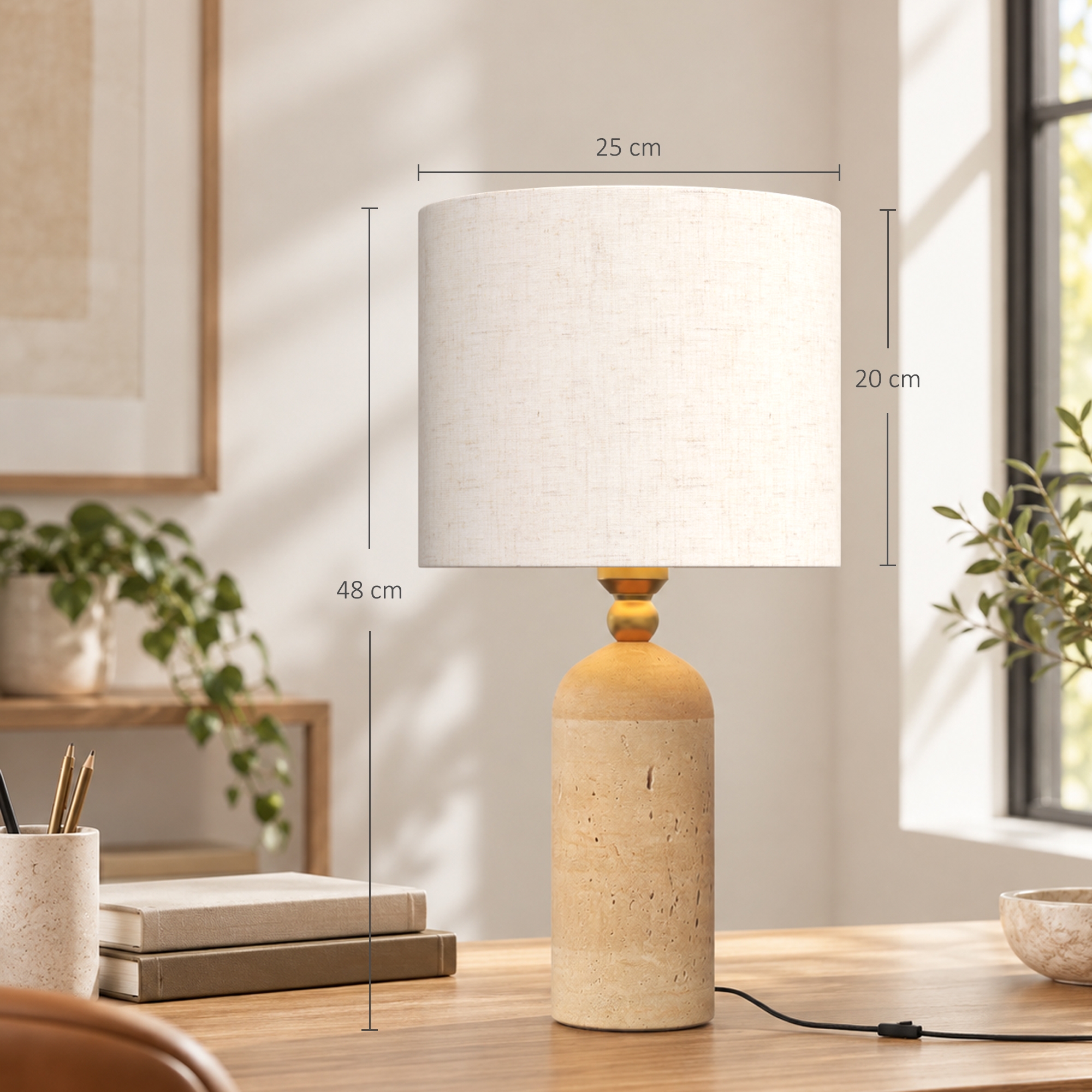 Tischlampe Vintage E27 Nachttischlampe Stoffschirm Kabel, 48 cm Beige