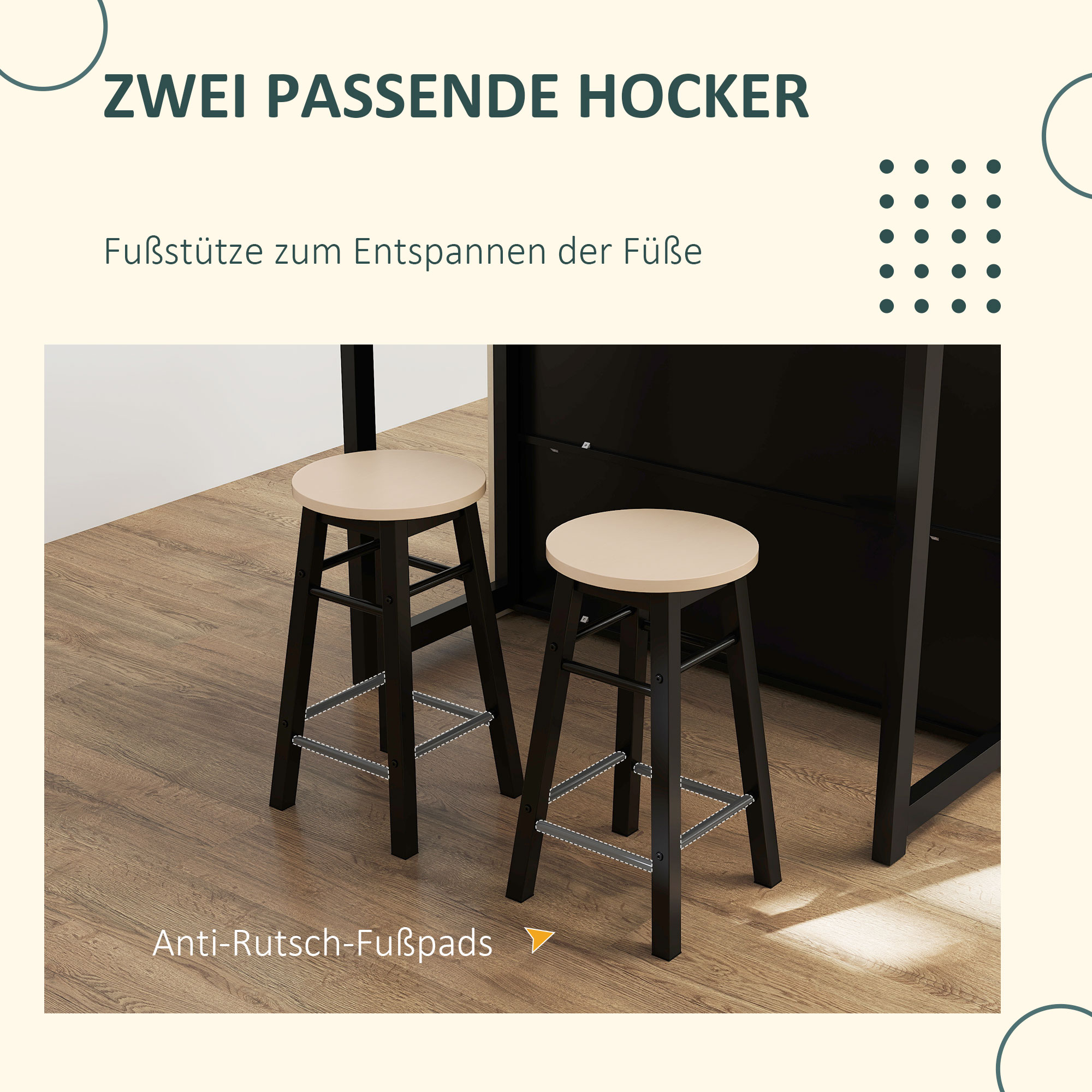 3-tlg. Barset, Bartisch mit klappbarer Tischplatte, 2 Barhocker, 6 Staufächer, schwarz+Eiche, 116 x 70 x 89,5 cm