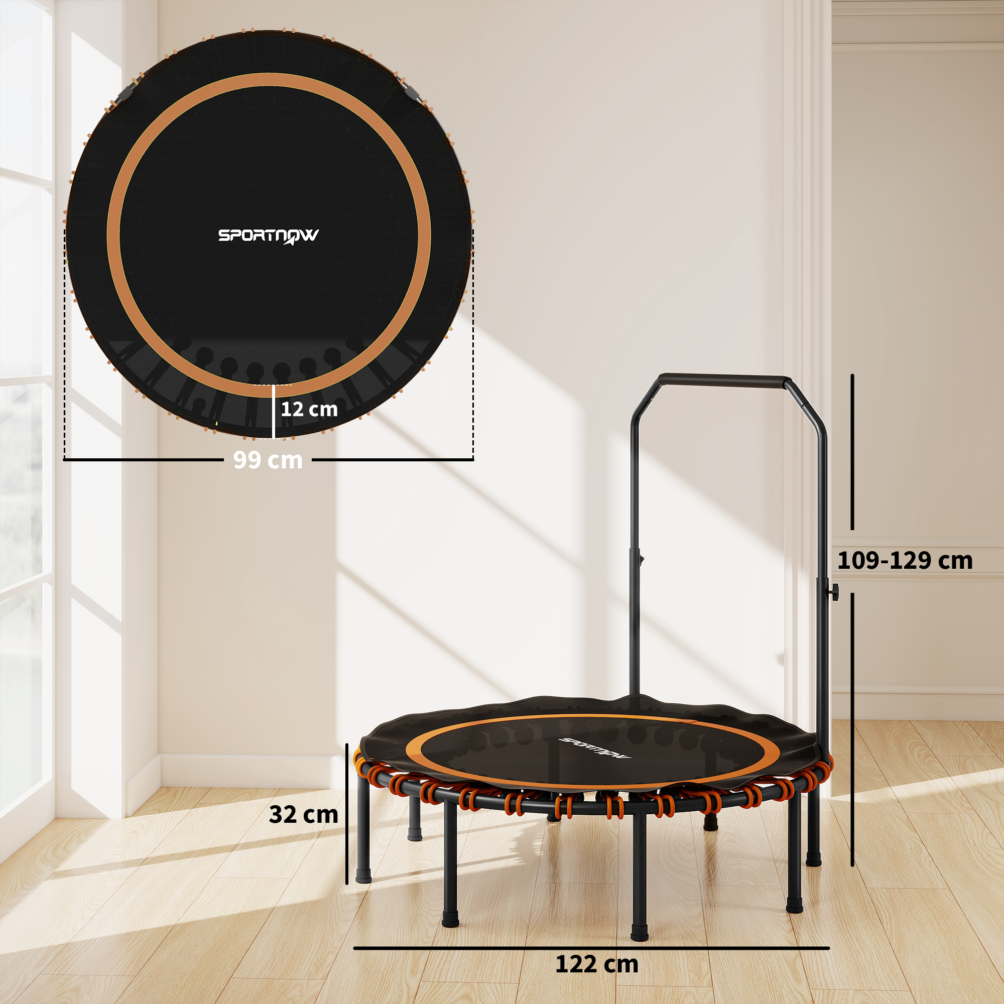 Fitness-Trampolin mit verstellbarem Handlauf, Sport-Trampolin für drinnen und draußen, Stahl, Kunststoff, Orange