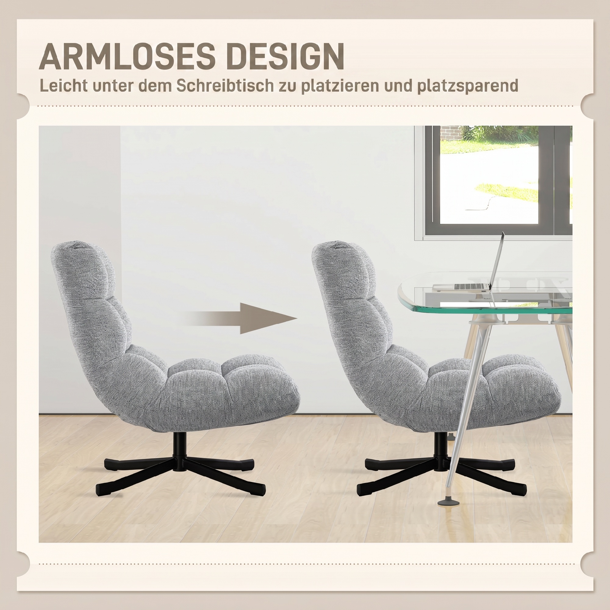 Sessel Drehbar Loungesessel mit Breiter Sitzfläche, wasserabweisend Chenille-Optik, gekreuzt Stahlbeine, Grau