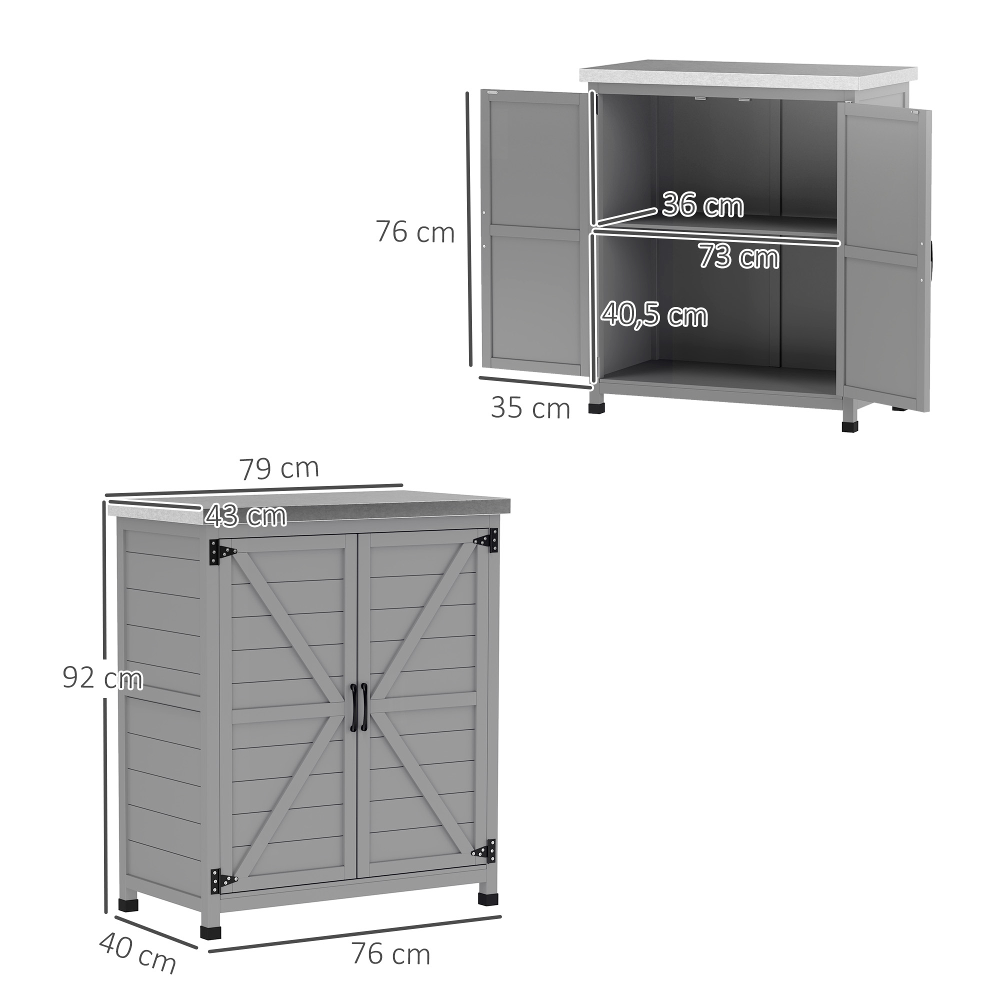 Gartenschrank, Außenschrank mit Arbeitsfläche, Werkzeugschrank, Massivholz, Stahl, 79B x 43T x 92H cm, Grau