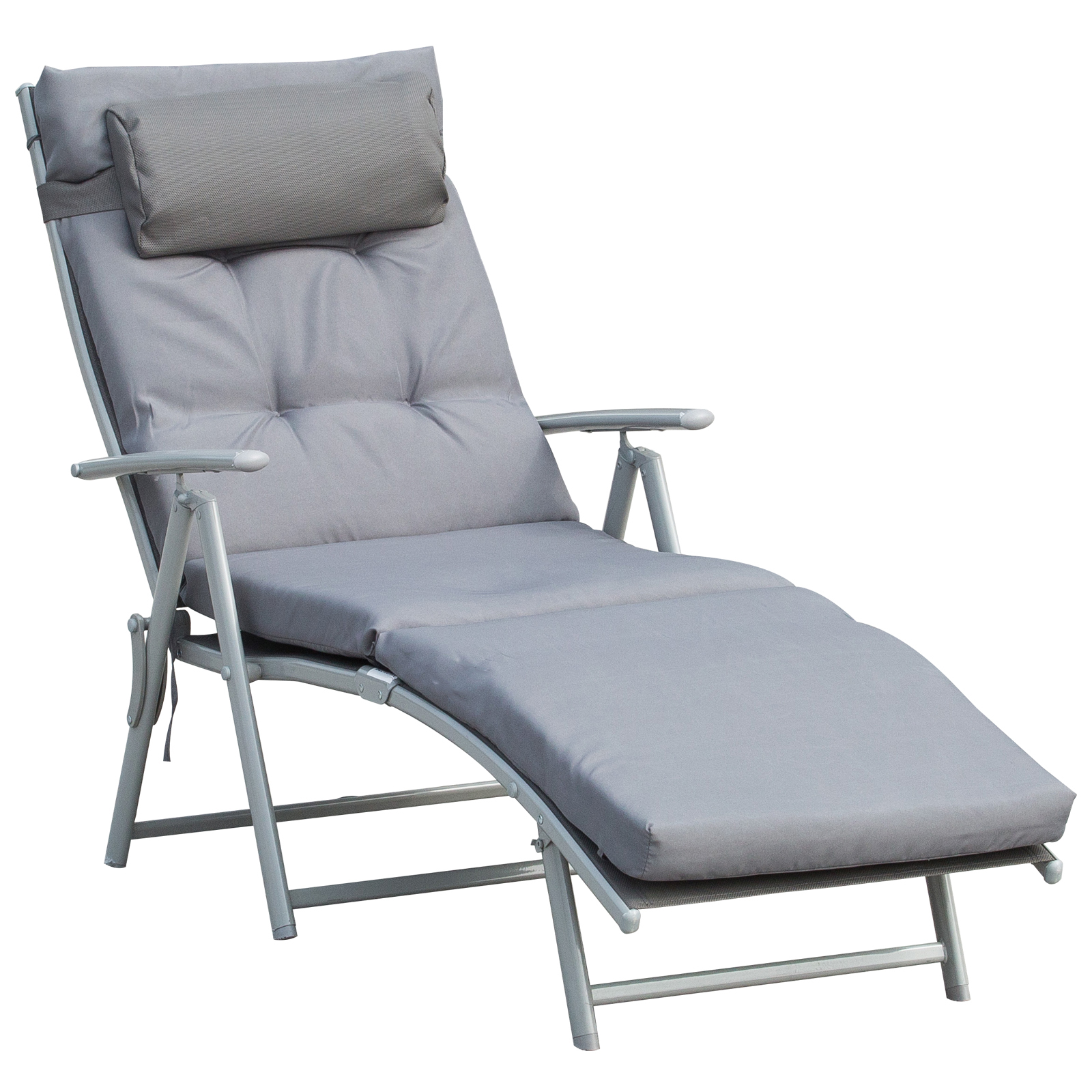 Sonnenliege klappbar Strandliege mit Kopfkissen Sitzkissen Liegestuhl mit 7-Fach verstellbare Rückenlehne Gartenliege Relaxliege bis 165 kg belastbar, für Garten Urlaub Outdoor, Grau