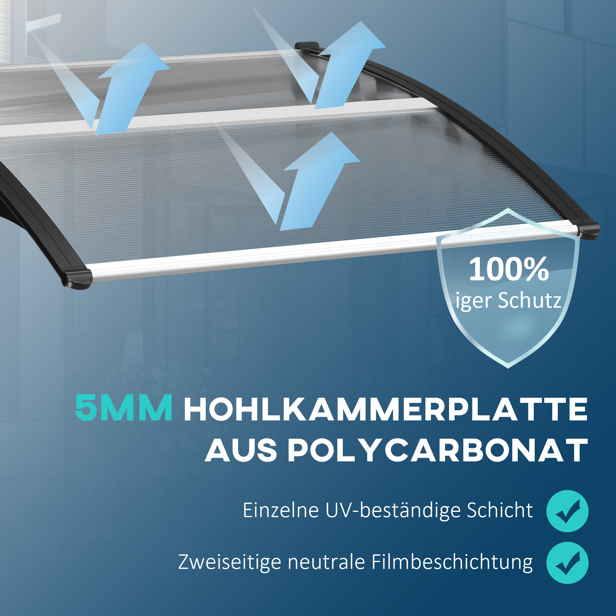 Vordach für Haustür/Fenster, wetterfest, transparent, Aluminium/Polycarbonat, 103x96,5x27cm, Schwarz
