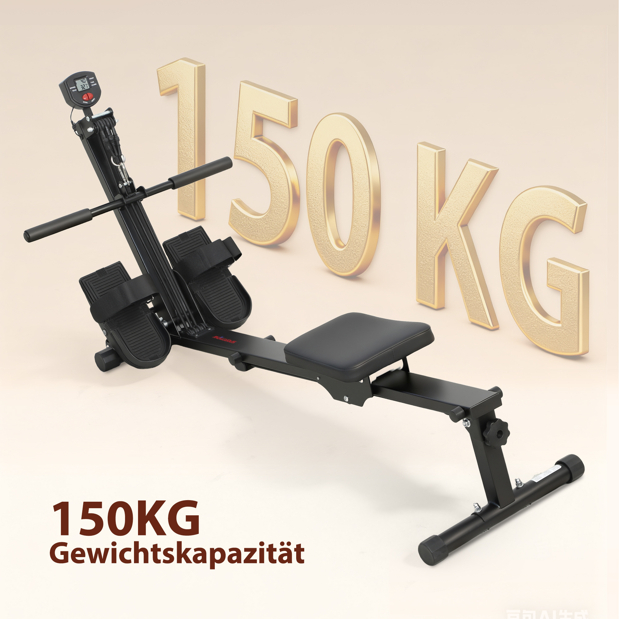 Rudermaschine, Rudergerät für Zuhause, LCD-Monitor, Sitzkissen, 150 kg Belastbarkeit, leiser Betrieb, Stahl, Schwarz