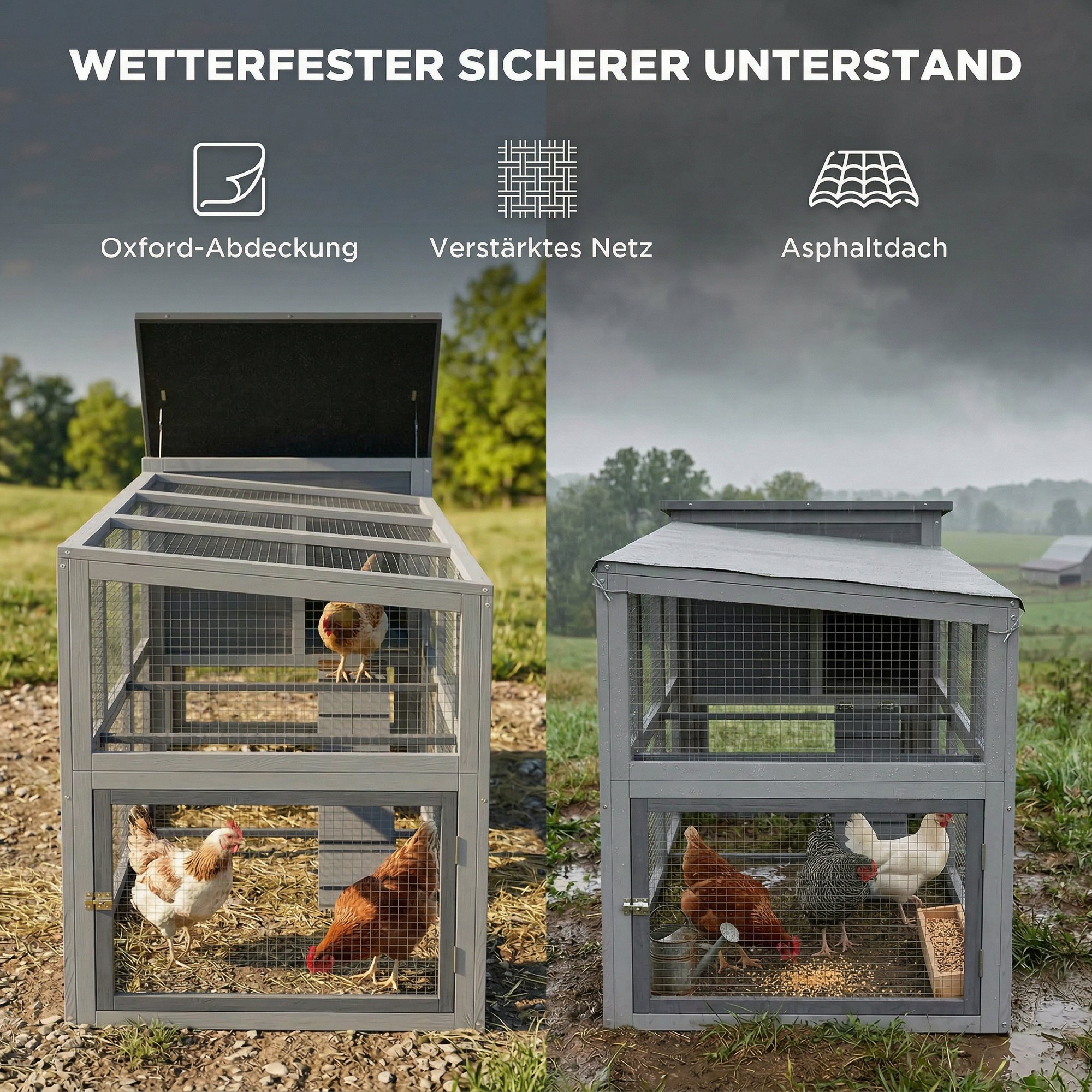 Hühnerstall Hühnerhaus für 3-4 Hühner mit Auslauf Nistkasten Asphaltdach Oxford-Abdeckung Auszugsschublade 264x82x89cm Grau