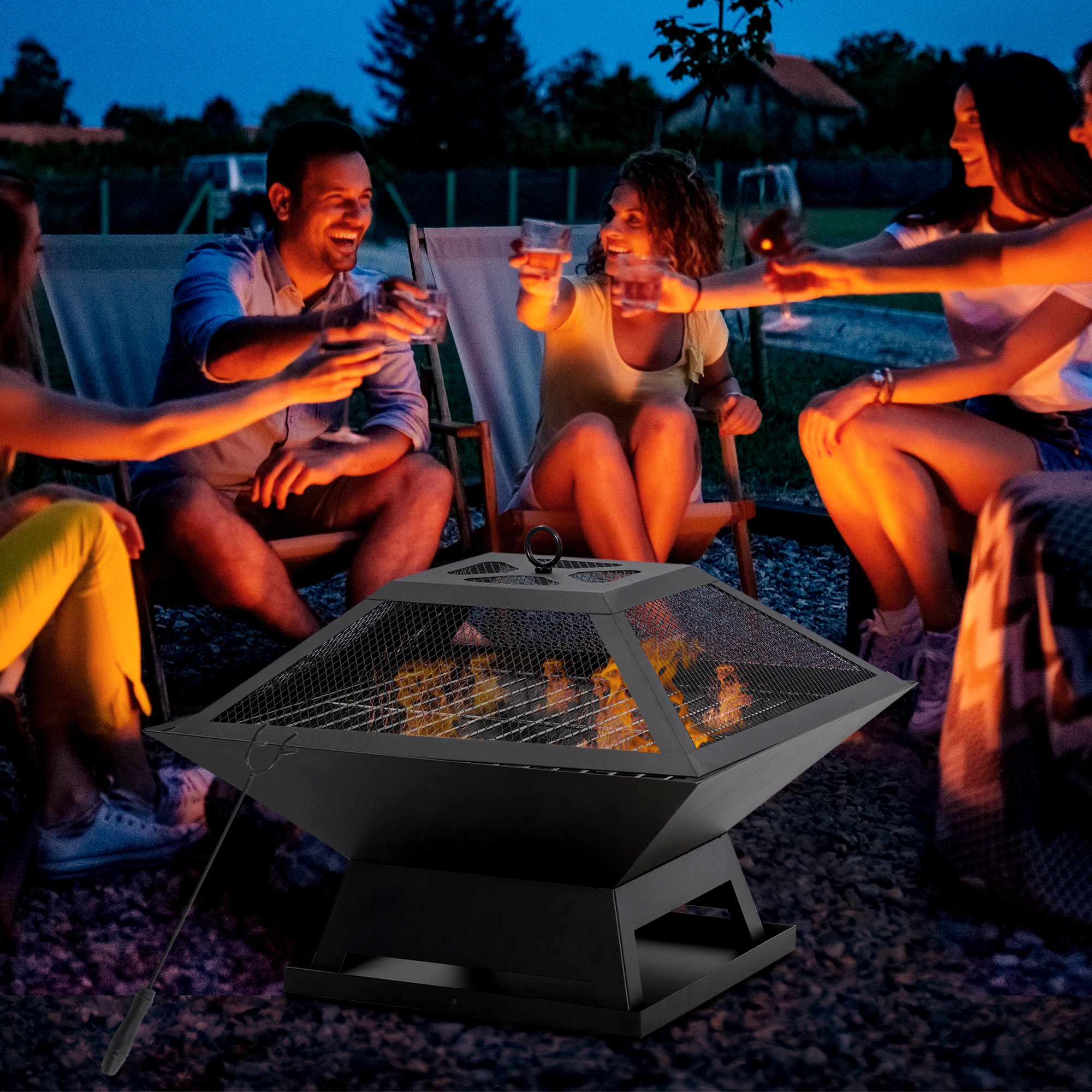 Feuerschale 45 x 45 x 34cm aus Edelstahl Feuerstelle mit Funkenschutz Schürhaken Feuerschalen Feuerkorb für Garten, Balkon, BBQ Camping Schwarz