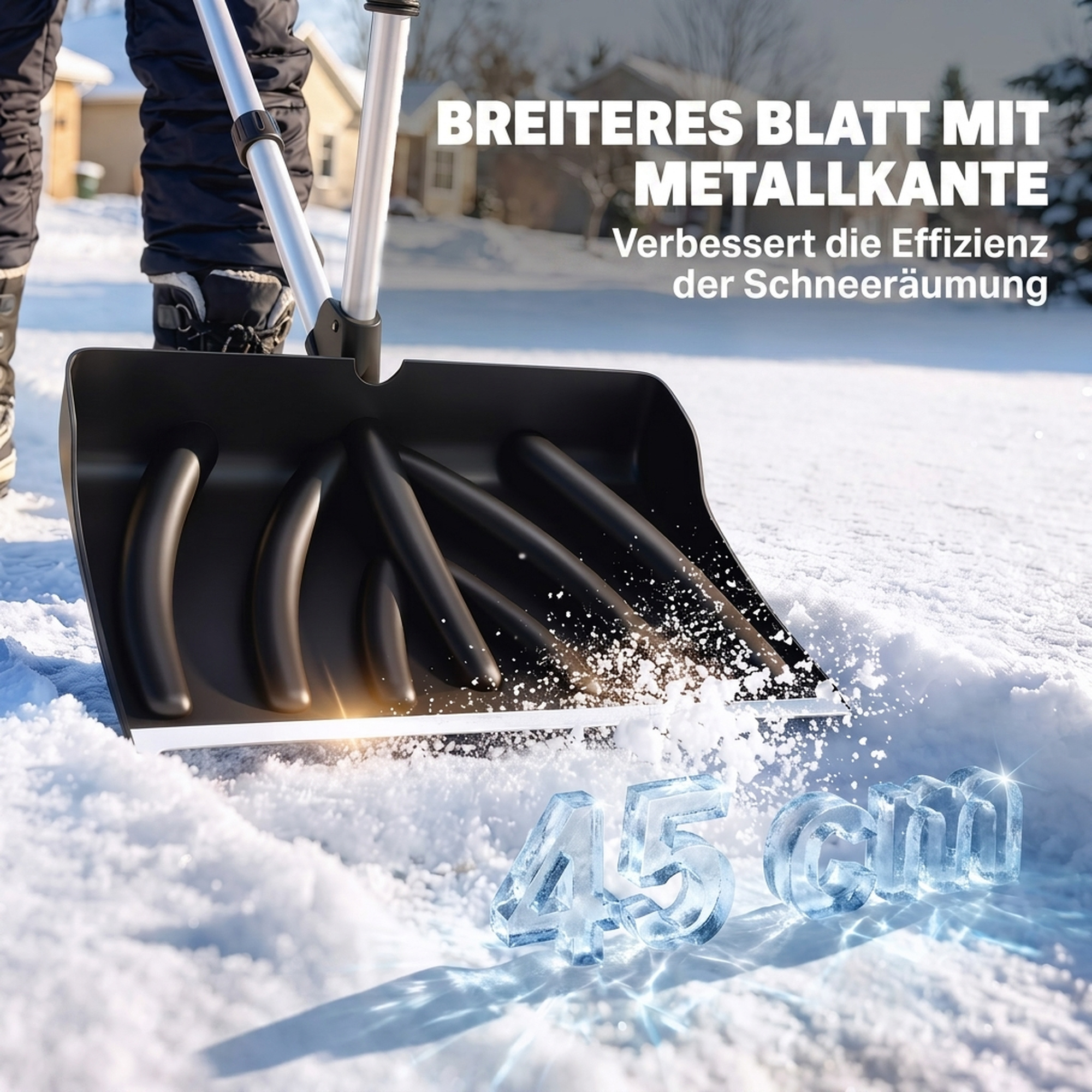Schneeschieber 45 cm breit Kusnstoff Schneeschaufel mit Ergonomischer Zusatzgriff, Schneeräumer mit Alustiel Metallkante