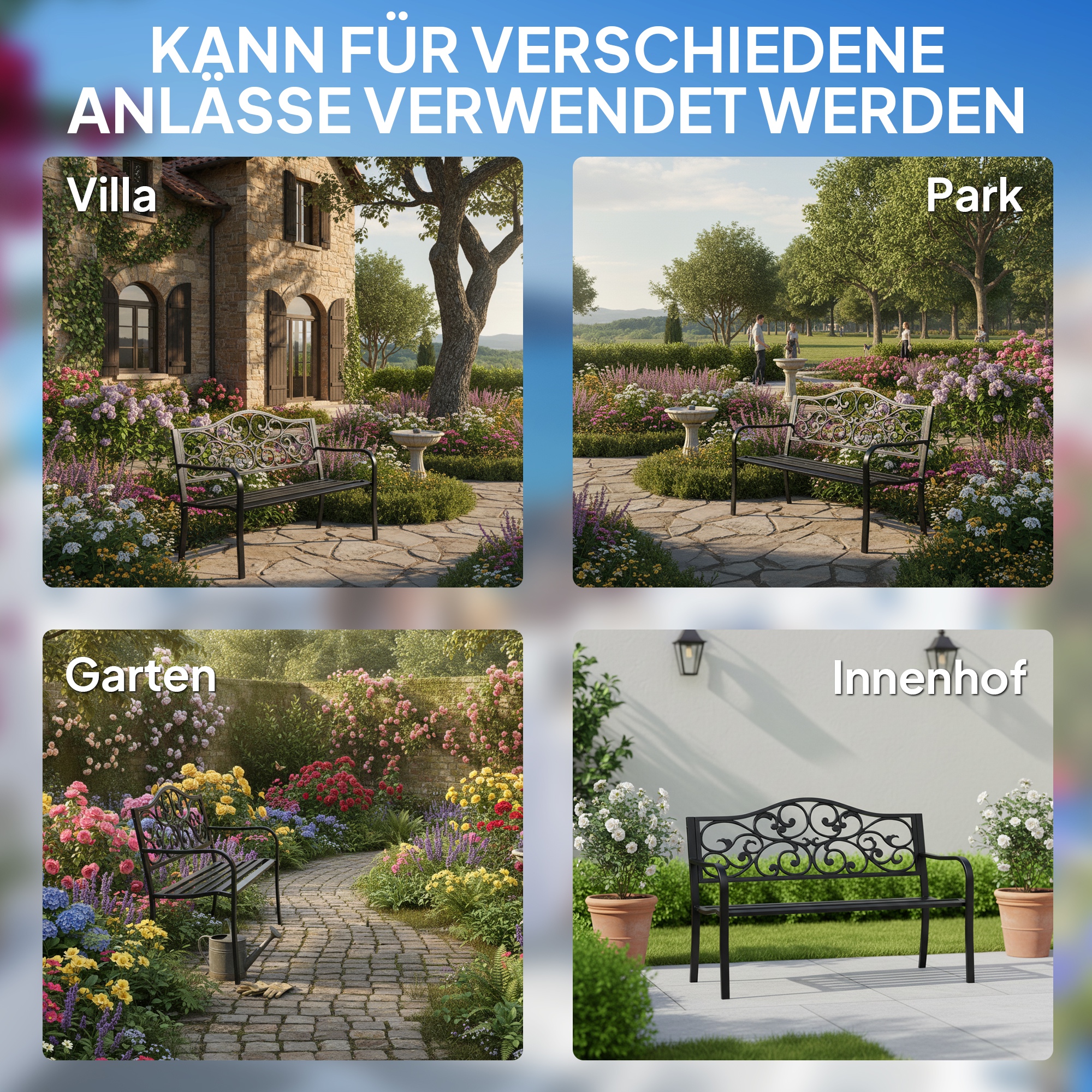 2-Sitzer Gartenbank Parkbank mit ausziehbarem Tisch Sitzbank Bank 240kg belastbar Terrassenbank mit Rücken- & Armlehnen Gartenmöbel für Terrasse, Garten Außenbereich 150x58,5x90 cm Schwarz