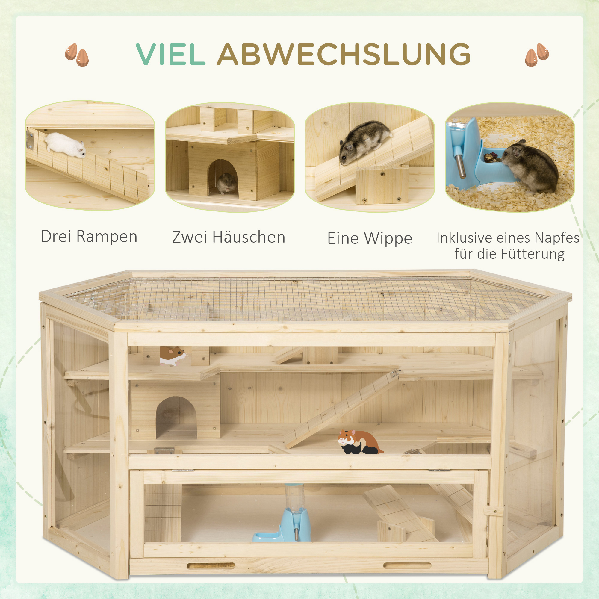 Kleintierkäfig, Nagerkäfig, Nagerheim mit  1 Rampe, 1 Wippe, herausnehmbare Bodenwanne, Tannenholz, Natur