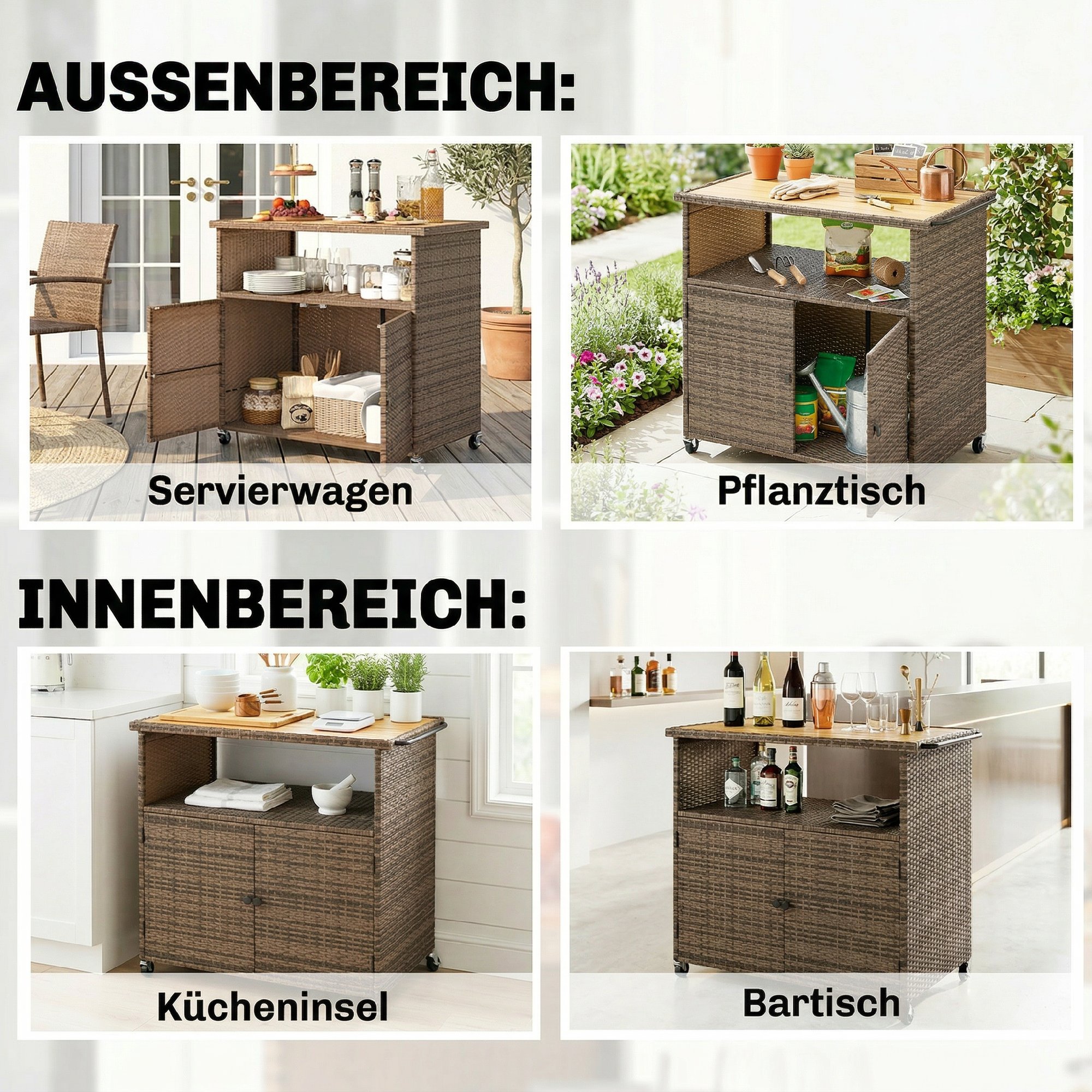 Servierwagen Rattan Küchenwagen mit FSC Eukalyptusholz-Arbeitsplatte Ablagefach Rollen Seitengriff 95 x 54 x 84 cm