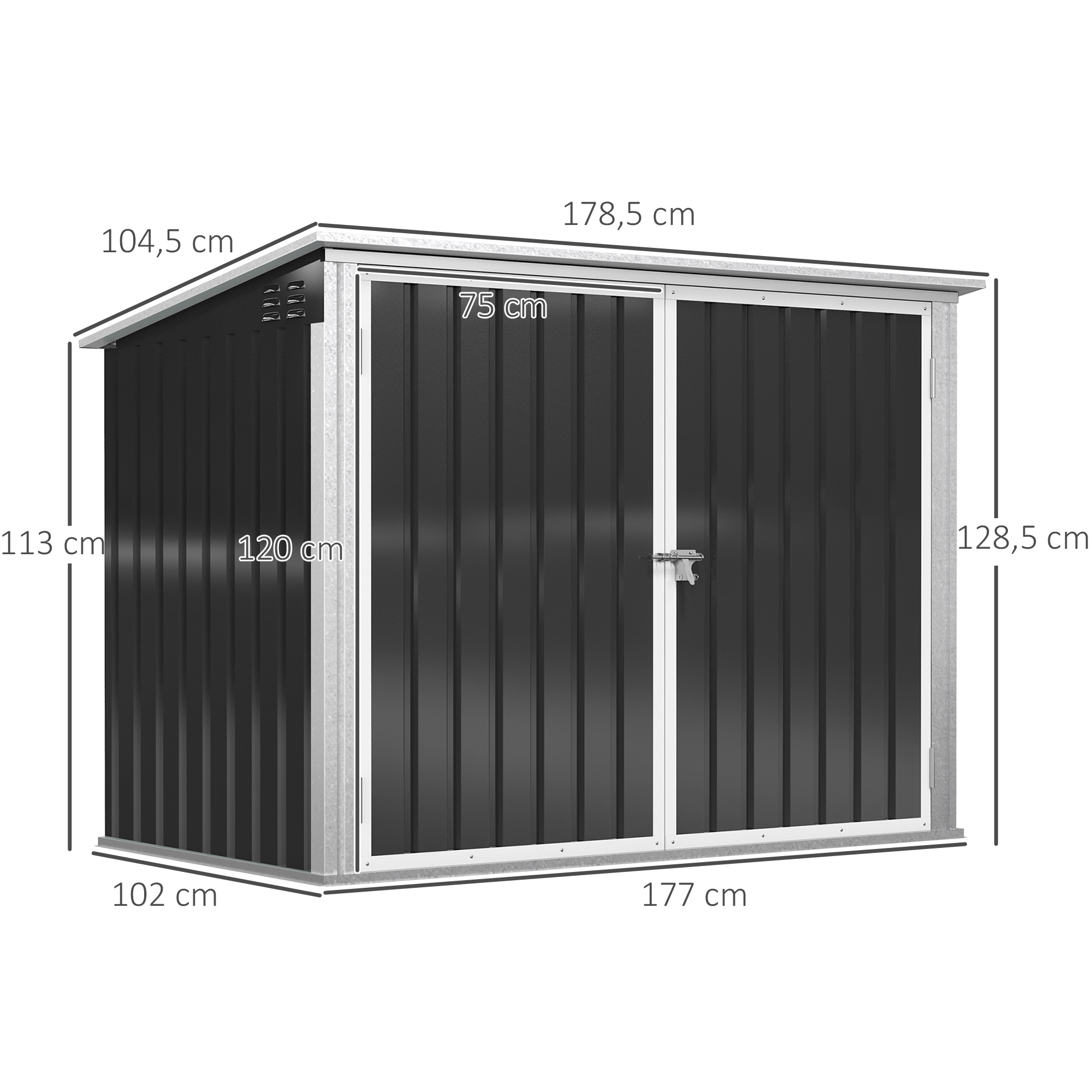 Mülltonnenbox Müllbox Storer abschließbar Gerätebox für 2 Mülltonnen Stahl 178,5 x 104,5 x 128,5/113 cm Schwarz