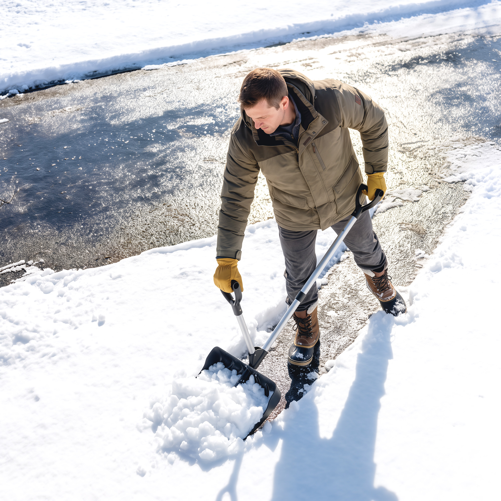 Schneeschieber 45 cm breit Kusnstoff Schneeschaufel mit Ergonomischer Zusatzgriff, Schneeräumer mit Alustiel Metallkante