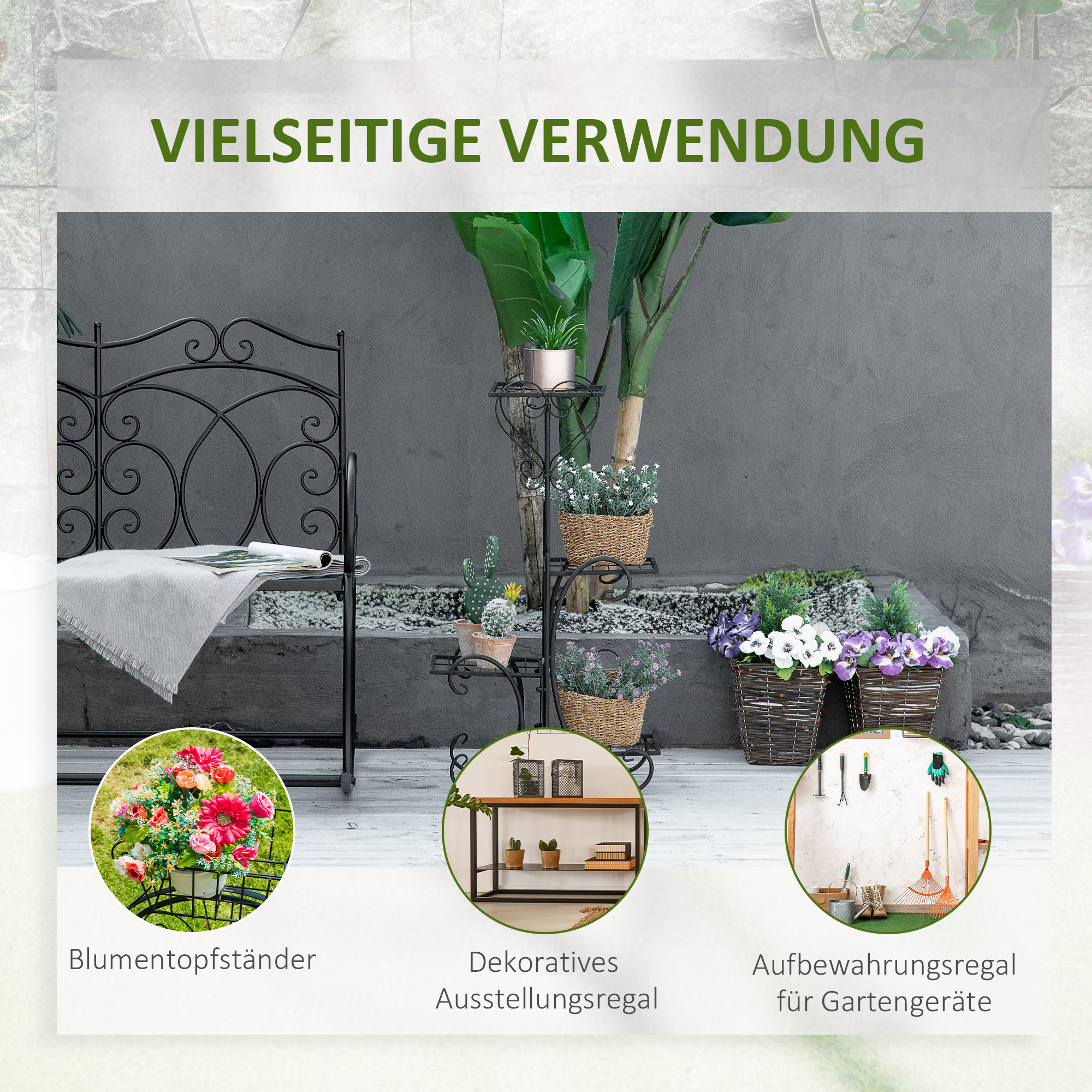 Blumenständer Blumenregal aus Metall 4 Ebenen Pflanzenregal Blumentreppe Blumenständer für innen und außen Garten Balkon Schwarz 45 x 24,5 x 80 cm