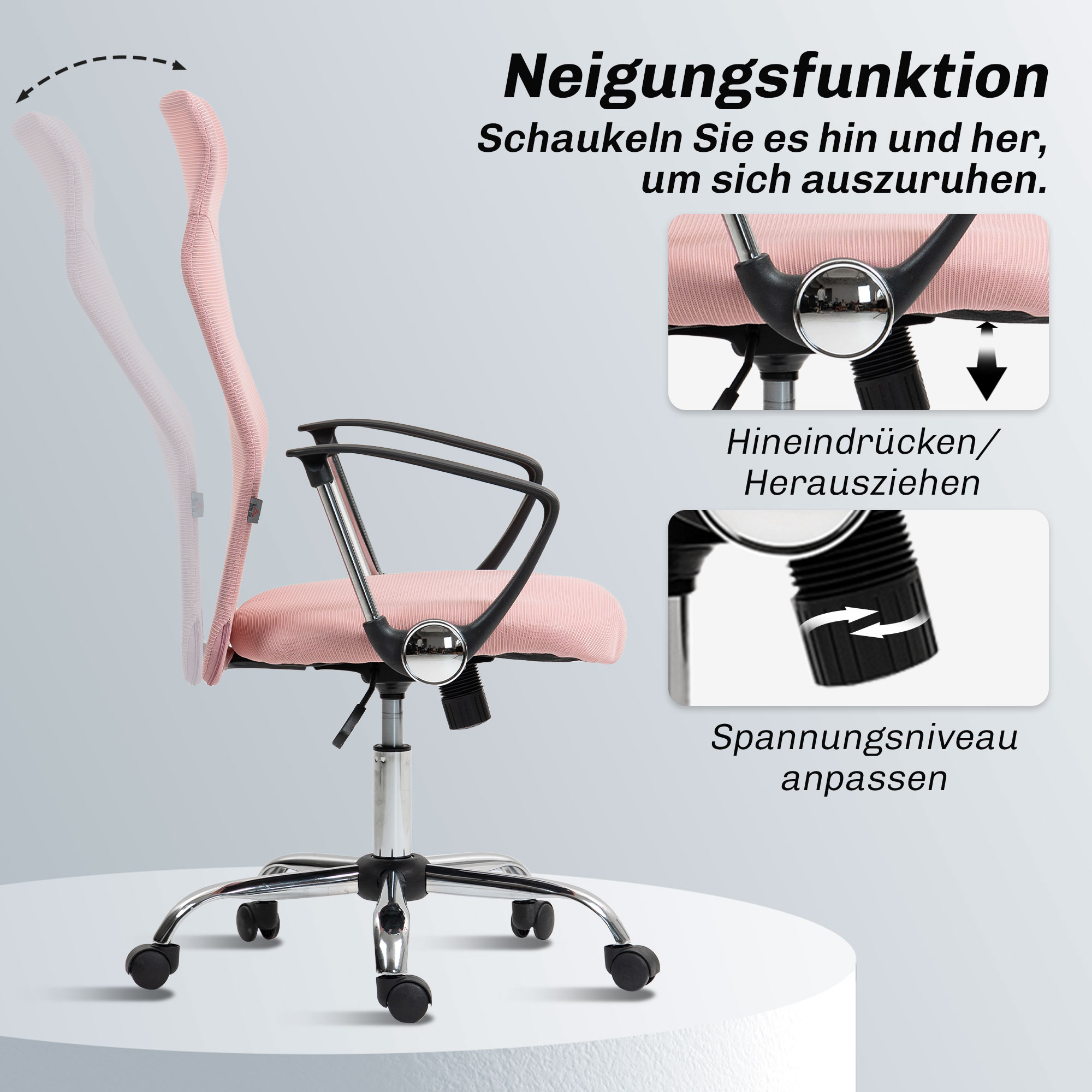 ergonomischer Bürostuhl, höhenverstellbarer Drehstuhl mit Wippfunktion, Netzbespannung, 63 x 65 x 109-119 cm Rosa