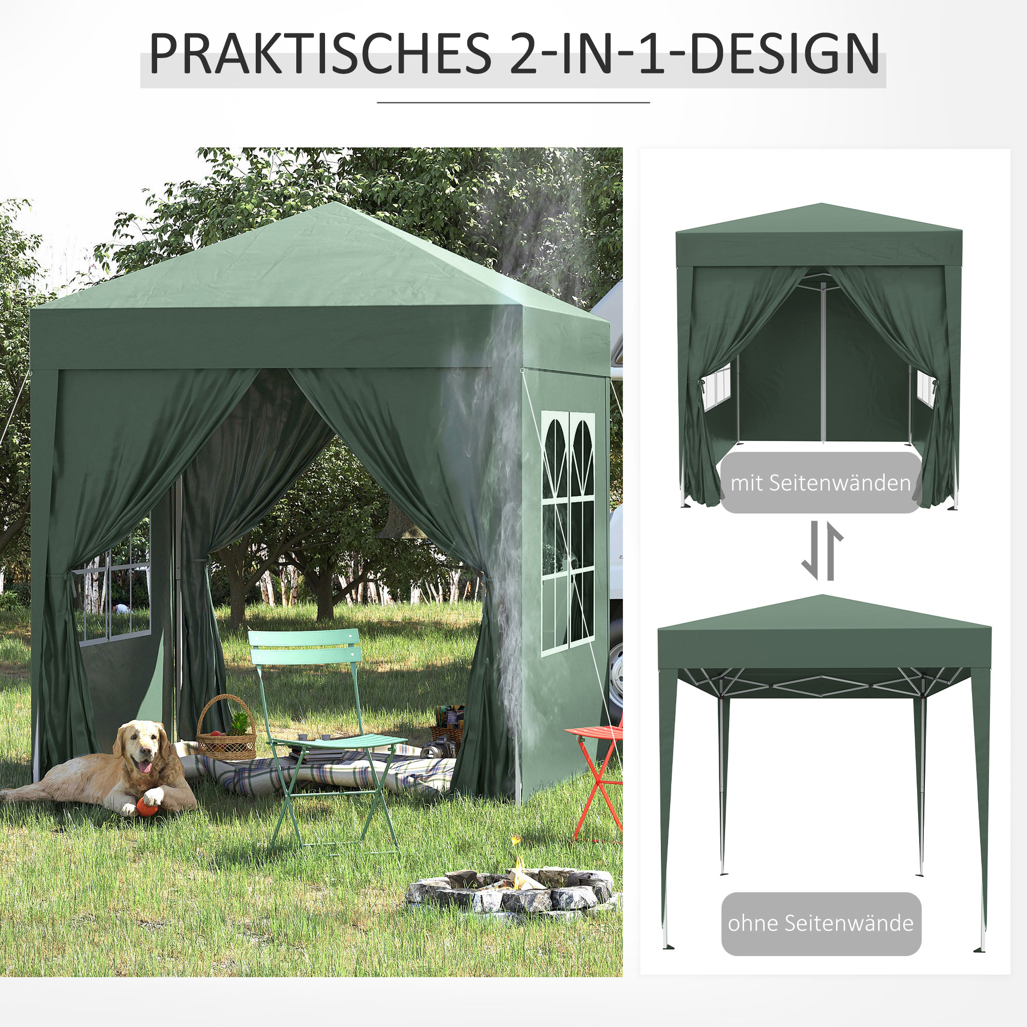 Faltpavillon, Bierzelt, 4 abnehmbare Seitenwände, 2 Fenster, Metallrahmen, 2 x 2m, Dunkelgrün