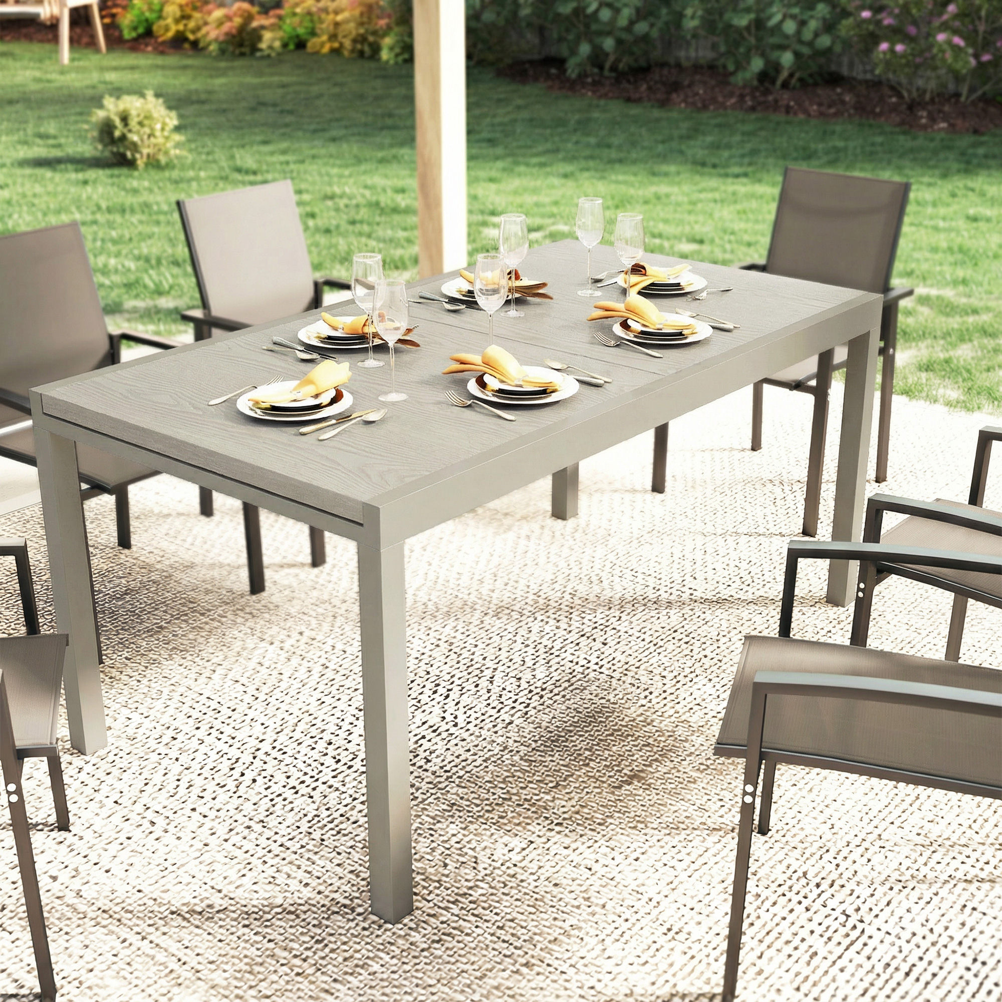 Gartentisch Ausziehbarer 154/214 x 85 cm Aluminium Esstisch für 8-10 Personen mit Holzoptik Hellgrau