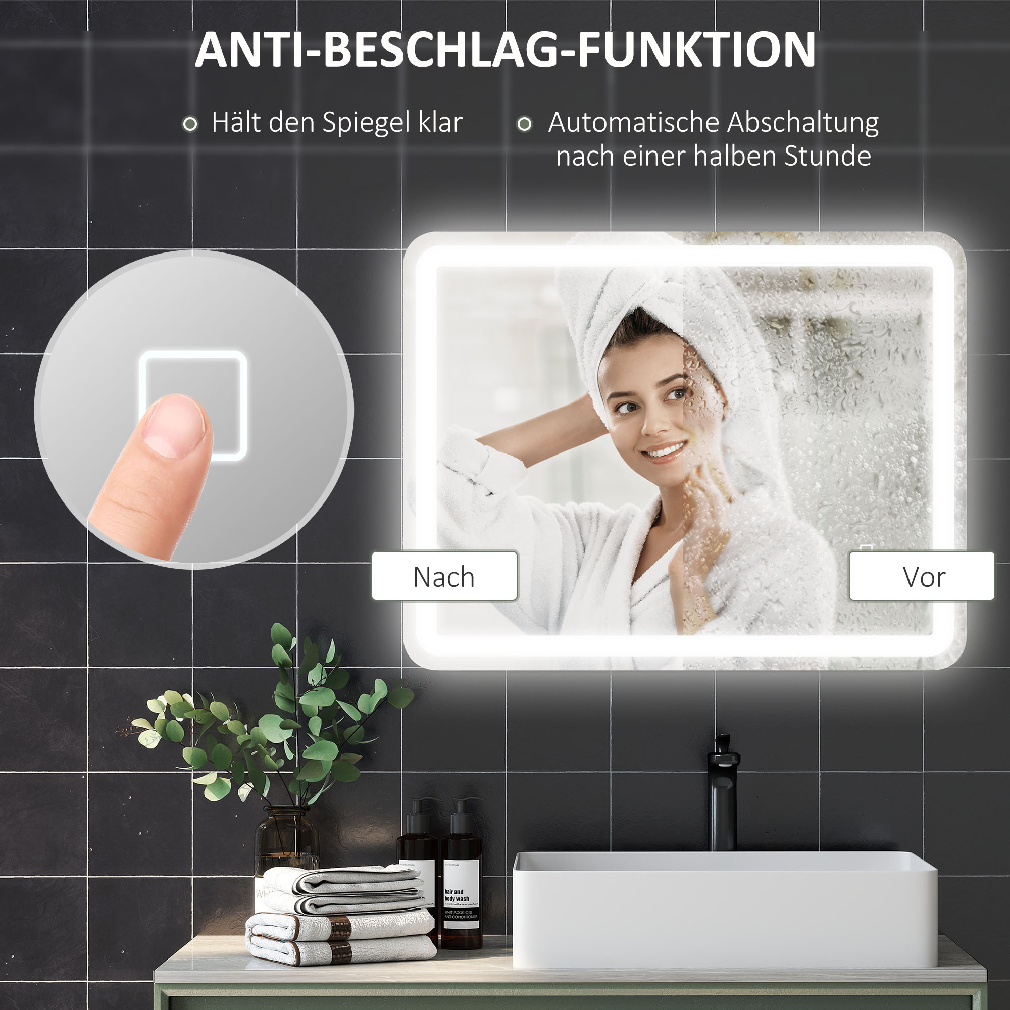 Badezimmerspiegel, beleuchtet, Touch-Steuerung, beschlagfrei, dimmbar, 3 Lichtfarben, 70x90, Silber