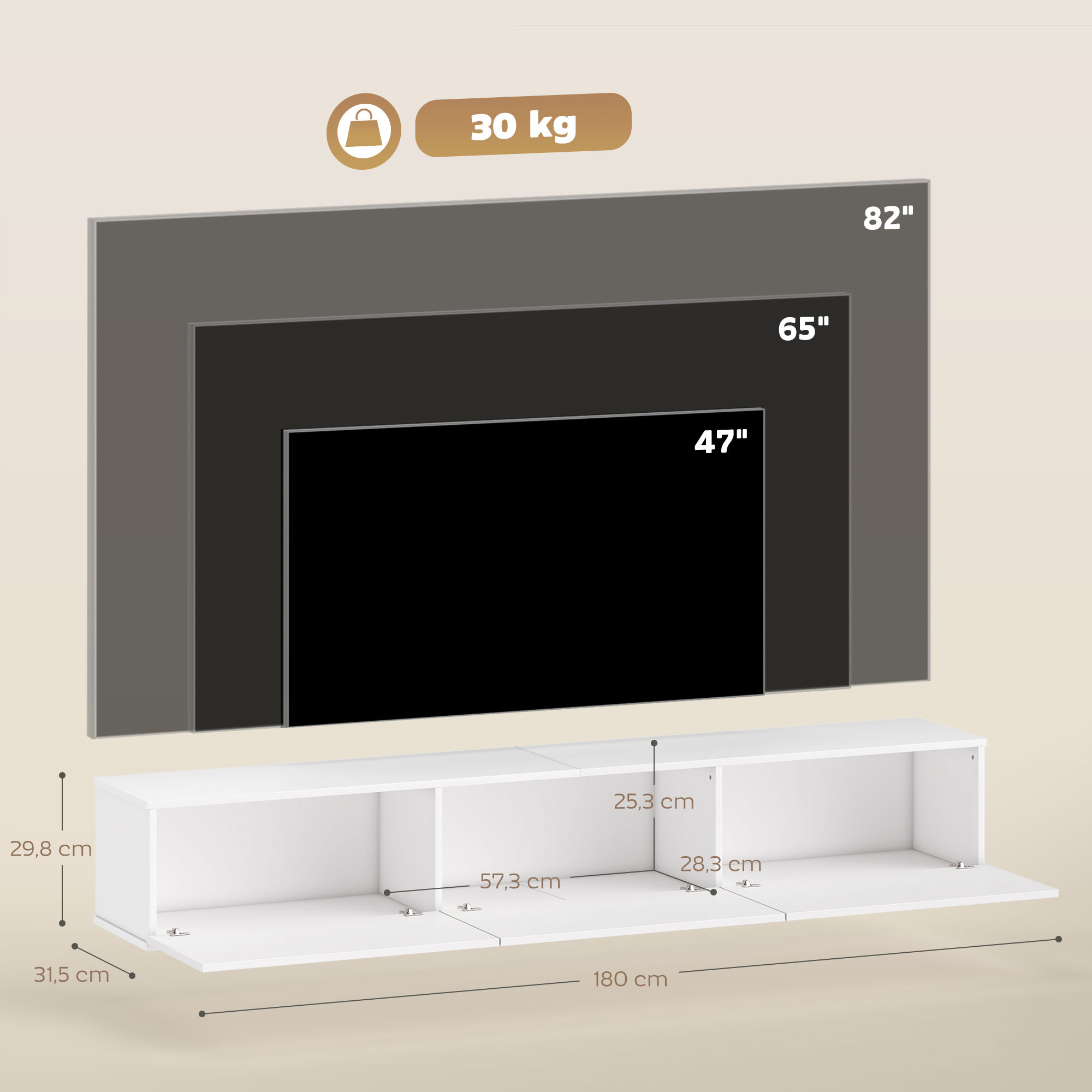 Schwebender TV-Schrank, Wandmontage, 3 Schubladen, viel Stauraum, 180 cm, Weiß