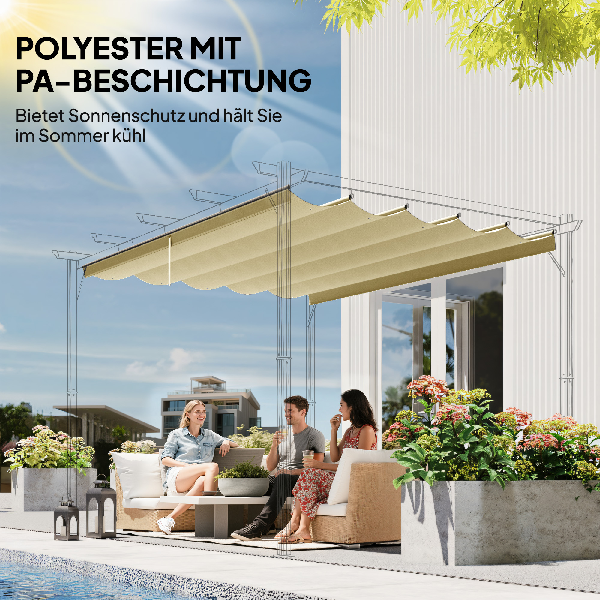 Ersatzdach für 3 x 3 m Pergola, einziehbar, mit Regenabflusslöchern, wetterfest, Polyester, Beige