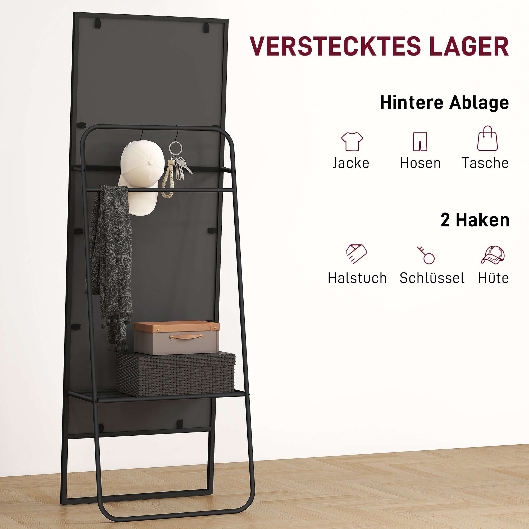 Ganzkörperspiegel, industrielles Design, hinteres Regal, 2 Haken, Metallrahmen, für Schlafzimmer, 157 x 50 cm, Schwarz