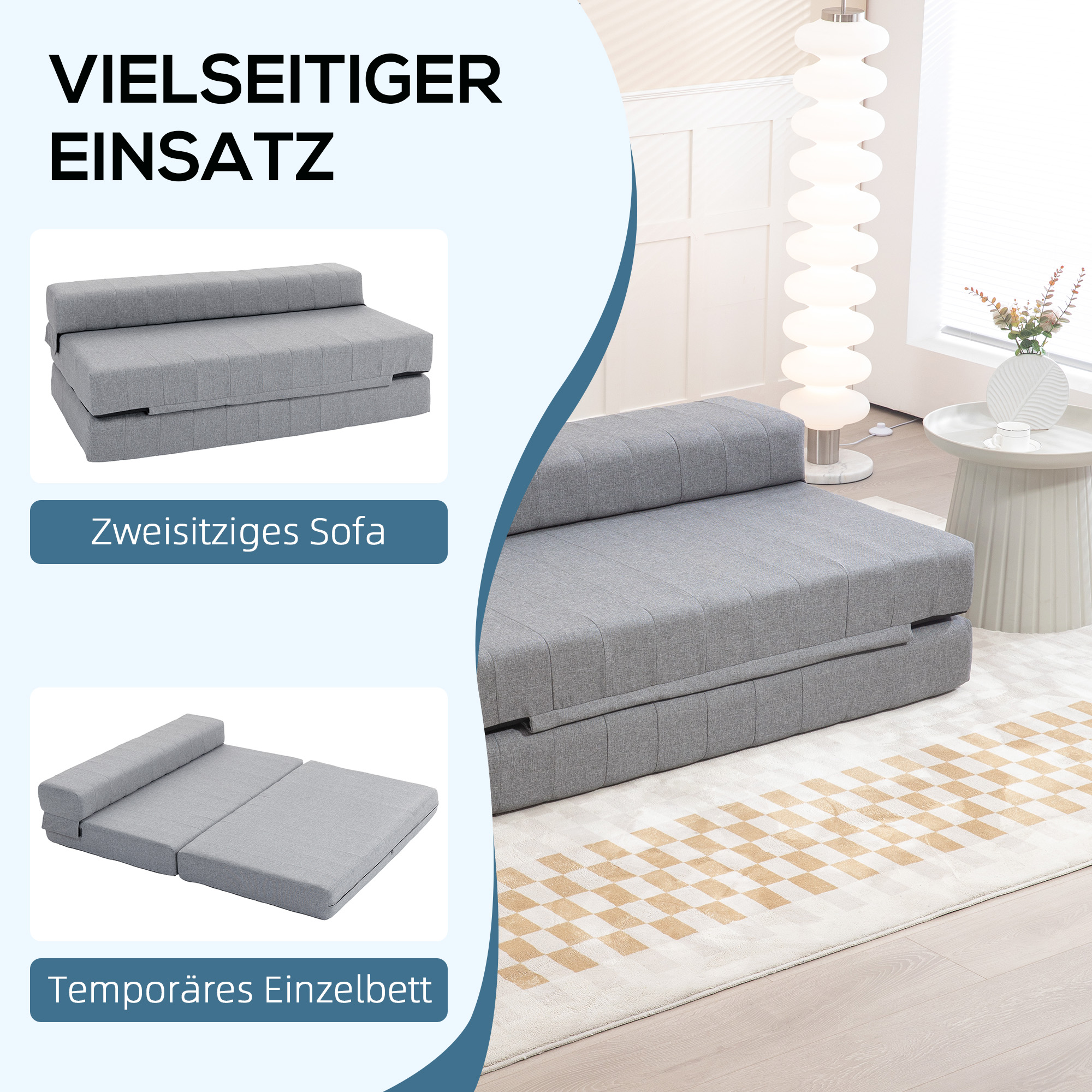 Klappsessel mit Bettfunktion, Gästebett, faltbar, bis 250 kg, 138x80x50 cm, Grau
