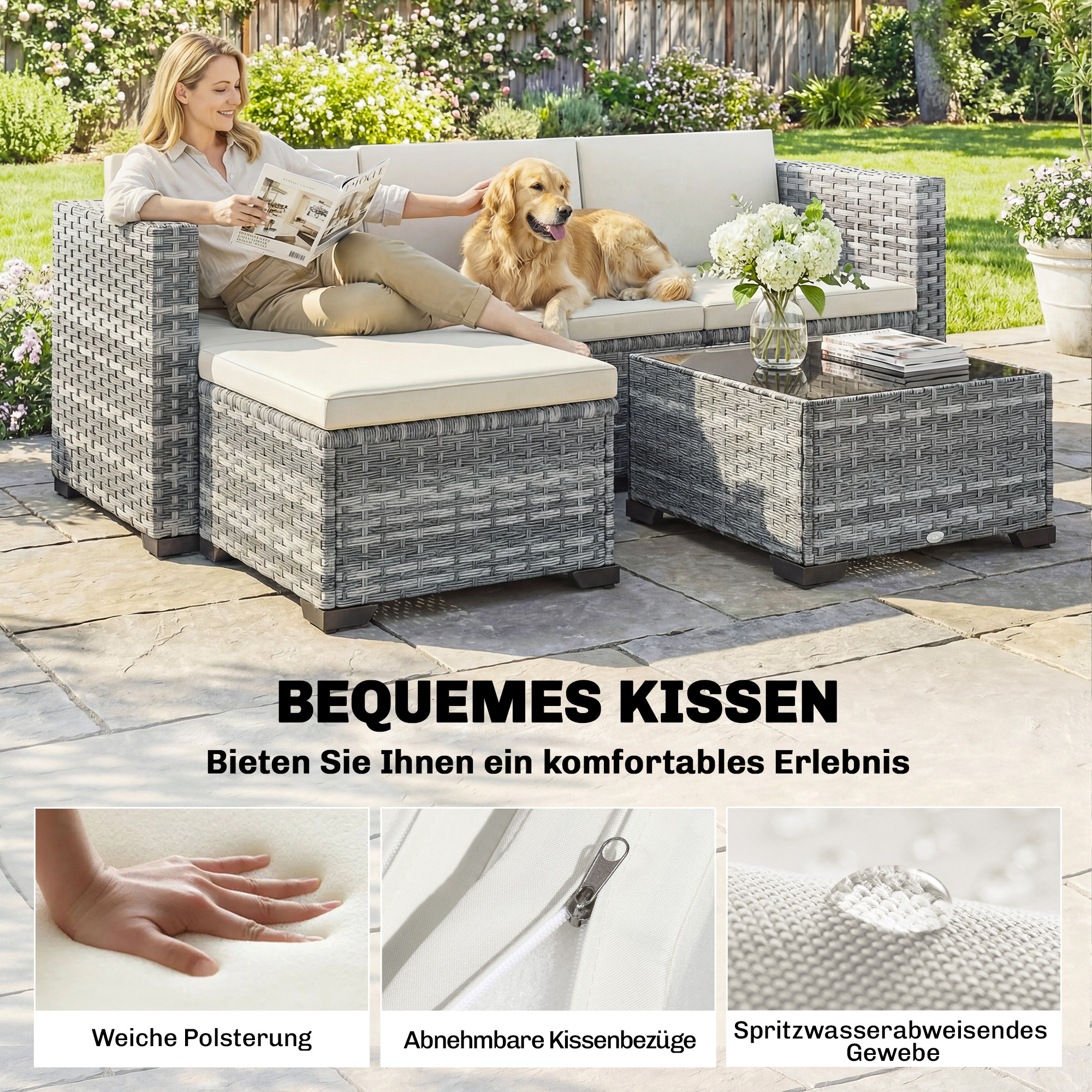 Polyrattan Gartenmöbel Set 5-teilig, Lounge Set mit Ecksofa Hocker Tisch Sitz- & Rückenkissen Grau+Cremeweiß